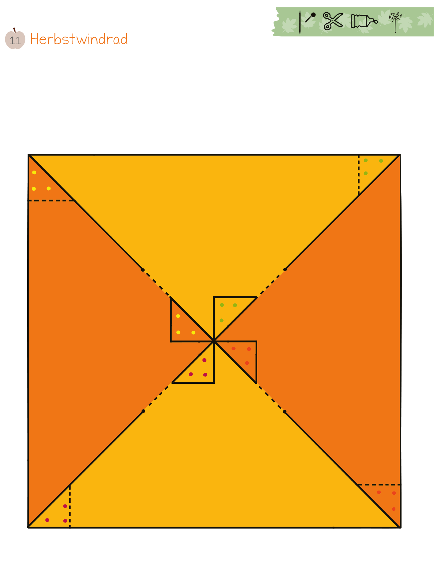 Gezeigt wird eine Innen- oder Zusatzansicht von „Mein erstes großes Herbst-Bastelheft“. Die Illustration zeigt ein „Herbstwindrad“ in leuchtenden Farben, überwiegend in leuchtendem Orange und Gelb. Die geometrische Form des Windrads ist klar durch schwarze Konturen definiert. Die unterschiedlichen Farbtöne und Pünktchenmuster schaffen einen lebendigen Kontrast. Oben befindet sich der Titel „Herbstwindrad“ in einer verspielten, gut lesbaren Schriftart.