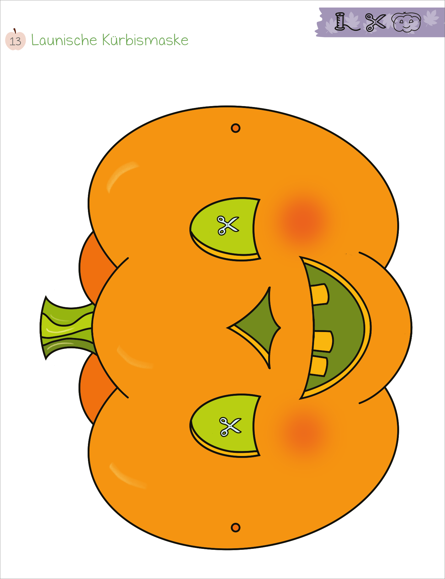 Gezeigt wird eine Innen- oder Zusatzansicht von „Mein erstes großes Herbst-Bastelheft“. Die Abbildung zeigt eine fröhliche Kürbismaske in leuchtendem Orange mit einem breiten Grinsen und zwei großen, grünen Augen. Die Maske hat eine grüne Stiel-Darstellung und ist von zarten roten Wangen umgeben. Die Schrift ist kindgerecht und verspielt gestaltet, die Farben sind warm und einladend, was zu einem kreativen Bastelerlebnis einlädt.