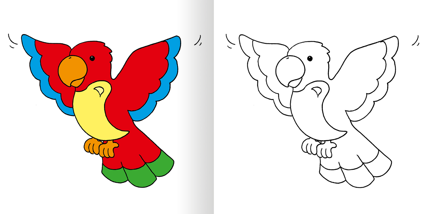 Gezeigt wird eine Innen- oder Zusatzansicht von „Mein erstes dickes Malbuch ab 2 – Zoo“. Auf der linken Seite ist ein bunter Papagei abgebildet, der in leuchtenden Farben wie Rot, Gelb, Blau und Grün gestaltet ist. Die rechte Seite zeigt die gleiche Papagei-Skizze in Schwarz-Weiß, die zum Ausmalen einlädt. Die klare, kindgerechte Typografie unterstützt die Ansprache der kleinen Leser.