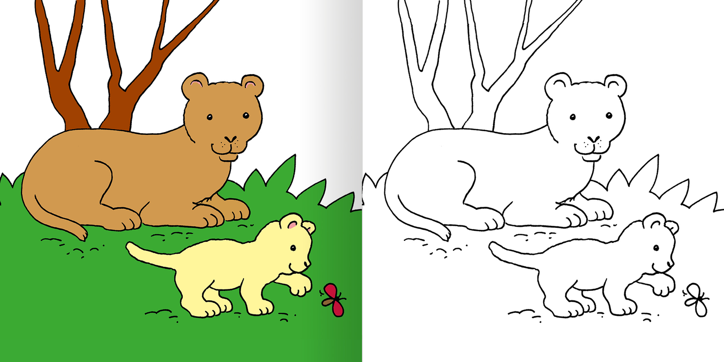 Gezeigt wird eine Innen- oder Zusatzansicht von „Mein erstes dickes Malbuch ab 2 – Zoo“. Die Darstellung zeigt eine farbenfrohe Szene mit einer braunen Löwin und ihrem gelben Löwenbaby, umgeben von grünem Gras und bunten Schmetterlingen. Im Hintergrund stehen vereinzelt braune Bäume, die eine freundliche Atmosphäre schaffen. Die Illustrationen sind klar umrissen, während die Typografie in einer kindgerechten, gut lesbaren Schrift gehalten ist.