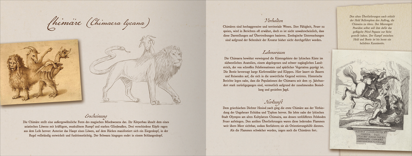 Gezeigt wird eine Innen- oder Zusatzansicht von „Im Labyrinth des Minotaurus“. Die Seite zeigt eine sanft farbige Hintergrundgestaltung in Beige, die mit detaillierten Illustrationen und handschriftlichen Notizen in Schwarz und Braun ergänzt wird. Links befindet sich eine skizzenhafte Zeichnung einer Chimäre, während rechtseitig mehrere Textelemente in klarer Serifen-Typografie angeordnet sind. Die Schrift ist gut lesbar und harmoniert mit den kunstvollen Grafiken, die das Thema...