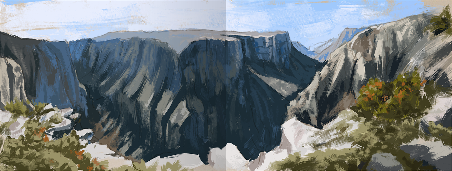 Gezeigt wird eine Innen- oder Zusatzansicht von „Im Labyrinth des Minotaurus“. Die Abbildung zeigt eine beeindruckende Landschaft mit steilen Klippen und grünen Büschen im Vordergrund. Die Farbpalette umfasst sanfte Blautöne für den Himmel und erdige Grautöne für die Felsen, während lebendige Grünnuancen die Vegetation betonen. Die dynamische Pinselstrich-Technik vermittelt ein Gefühl von Tiefe und Bewegung.