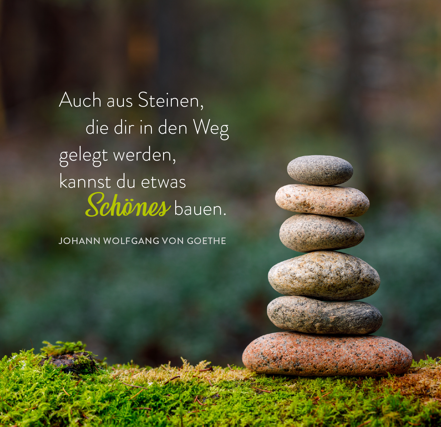 Gezeigt wird eine Innen- oder Zusatzansicht von „365 Inspirationen aus der Natur“. Im Vordergrund ist ein Stapel von smoothen Steinen, der harmonisch auf einem moosbedeckten Untergrund ruht. Im Hintergrund ist eine unscharfe, grüne Landschaft zu sehen. Der Text in einer sanften, modernen Schriftart lautet: „Auch aus Steinen, die dir in den Weg gelegt werden, kannst du etwas Schönes bauen.“, wobei das Wort „Schönes“ in leuchtendem Gelb hervorgehoben ist.