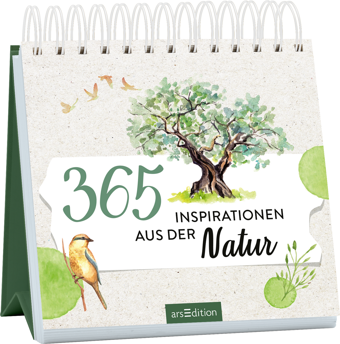 Das Buchcover zeigt einen stilisierten Baum in sanften Grüntönen, umgeben von Aquarell-Illustrationen von Vögeln und Blättern. Die zentrale Schriftart hebt den Titel „365 Inspirationen aus der Natur“ hervor, wobei die Zahl „365“ in einer eleganten, kräftigen Schrift gestaltet ist. Die Farben sind sanft und harmonisch, mit einem natürlichen, beruhigenden Gefühl. Ganz unten mittig steht der Logoschriftzug von arsEdition.
