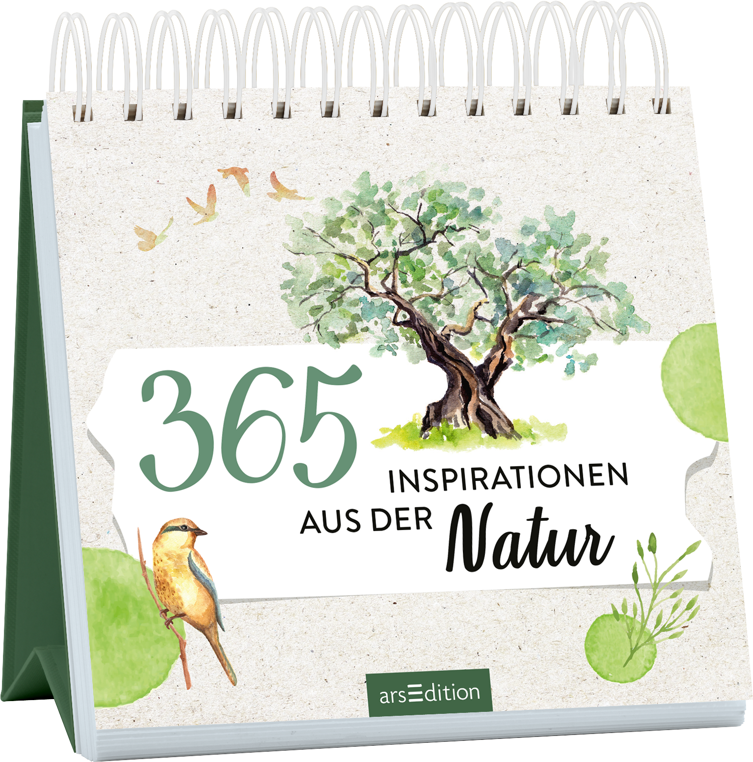 Das Buchcover zeigt einen stilisierten Baum in sanften Grüntönen, umgeben von Aquarell-Illustrationen von Vögeln und Blättern. Die zentrale Schriftart hebt den Titel „365 Inspirationen aus der Natur“ hervor, wobei die Zahl „365“ in einer eleganten, kräftigen Schrift gestaltet ist. Die Farben sind sanft und harmonisch, mit einem natürlichen, beruhigenden Gefühl. Ganz unten mittig steht der Logoschriftzug von arsEdition.