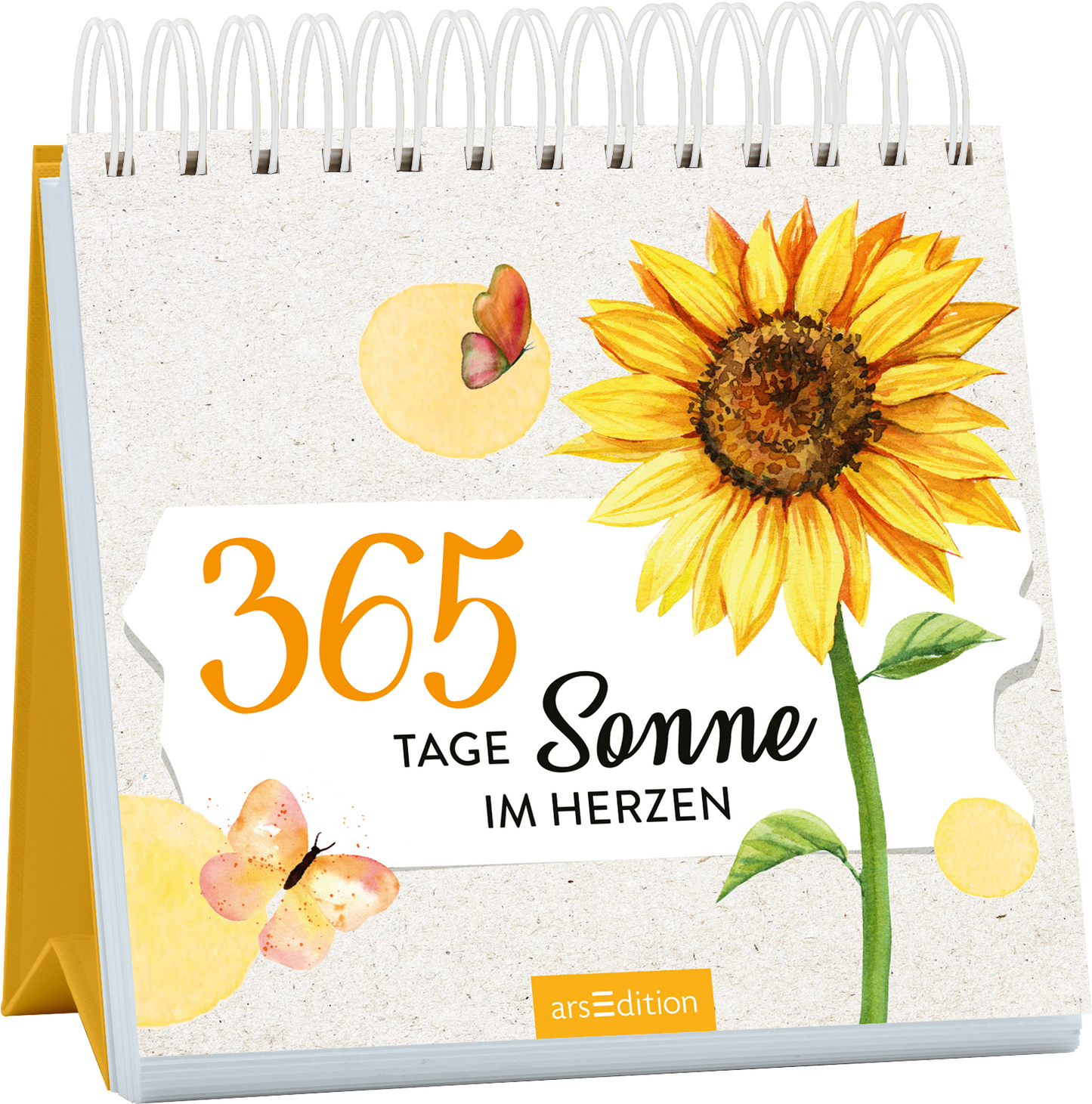 Das Buchcover zeigt eine fröhliche Sonnenblume in leuchtenden Gelbtönen, umgeben von sanften Farben und zarten Schmetterlingen. Über der Blume steht in großen, orangefarbenen Ziffern „365“ und darunter in eleganter, schwarzer Schrift „TAGE Sonne IM HERZEN“. Der Hintergrund ist in einem neutralen Farbton gehalten, was die lebendigen Motive hervorhebt. Ganz unten mittig steht der Logoschriftzug von arsEdition.