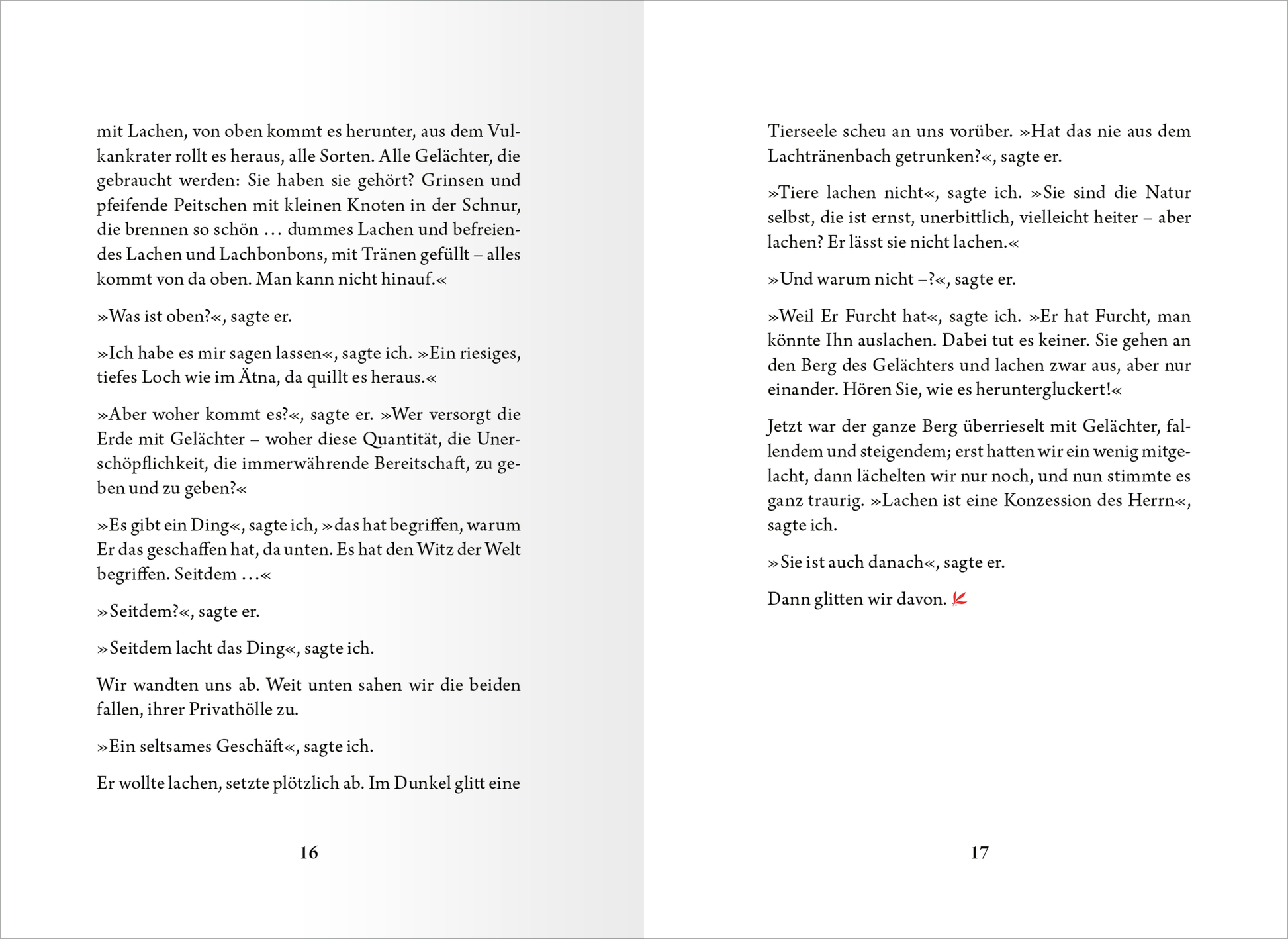 Gezeigt wird eine Innen- oder Zusatzansicht von „Die kleine Bibliothek der positiven Gefühle: Heiterkeit“. Auf der linken Seite ist ein Textabschnitt in schwarzer Schrift auf hellem Hintergrund abgedruckt, während die rechte Seite im gleichen Stil fortgeführt wird. Die Typografie ist klar und gut lesbar, mit absatzweisen Trennungen. Es sind keine Illustrationen abgebildet, wodurch der Fokus auf dem geschriebenen Wort liegt. Der Text behandelt Themen wie Lachen und Freude, was durch die...