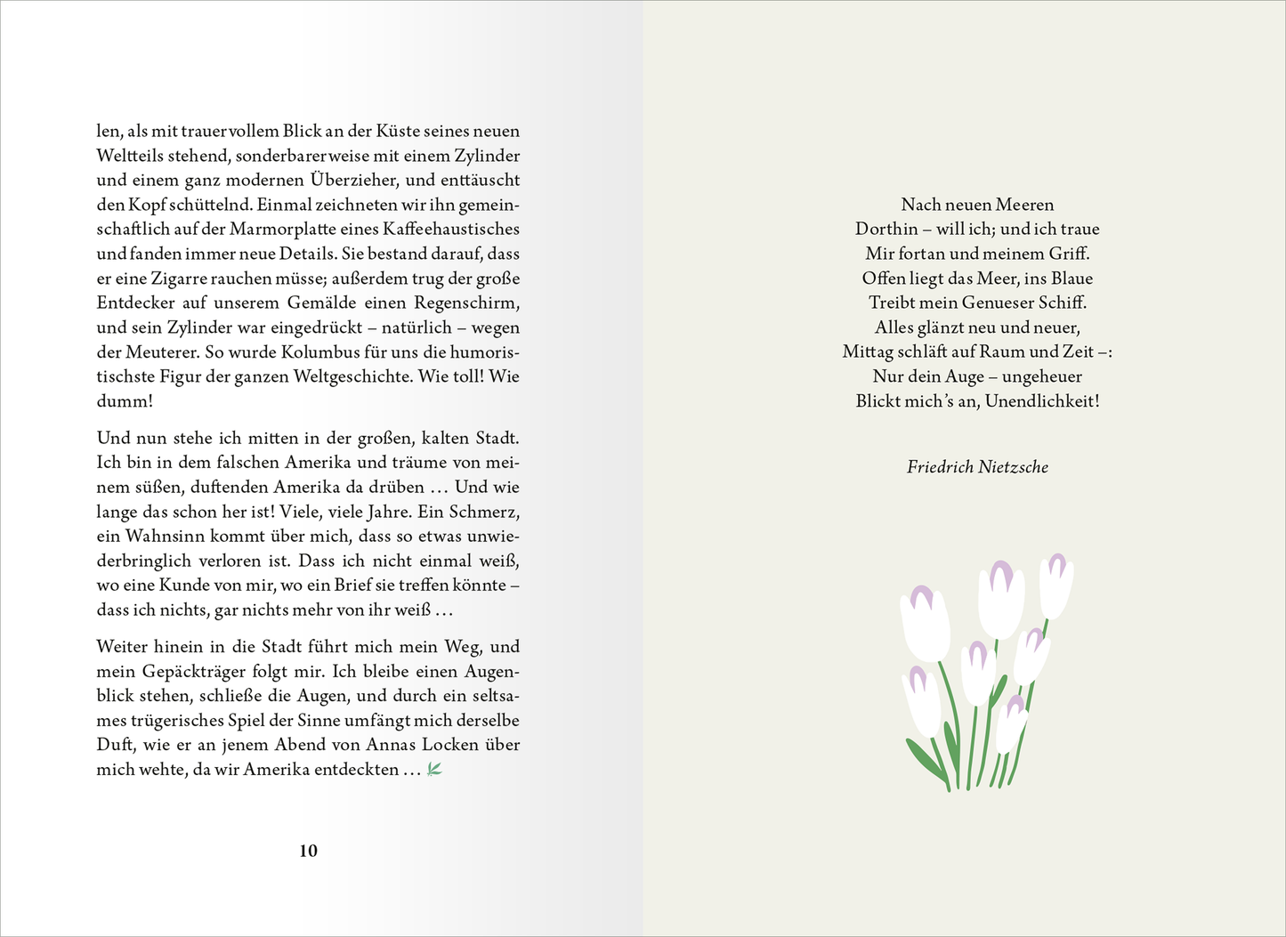 Gezeigt wird eine Innen- oder Zusatzansicht von „Die kleine Bibliothek der positiven Gefühle: Neubeginn“. Die Seite ist in sanften, beruhigenden Farbtönen gehalten, mit viel Weißraum. Links befindet sich ein Textblock in klarer, gut lesbarer Schrift, der eine nachdenkliche Passage enthält. Rechts ist ein Zitat von Friedrich Nietzsche in einer eleganten, leicht kursive Schriftart abgedruckt. Unten links ist eine zarte, illustrative Darstellung von Schneeglöckchen, die den...