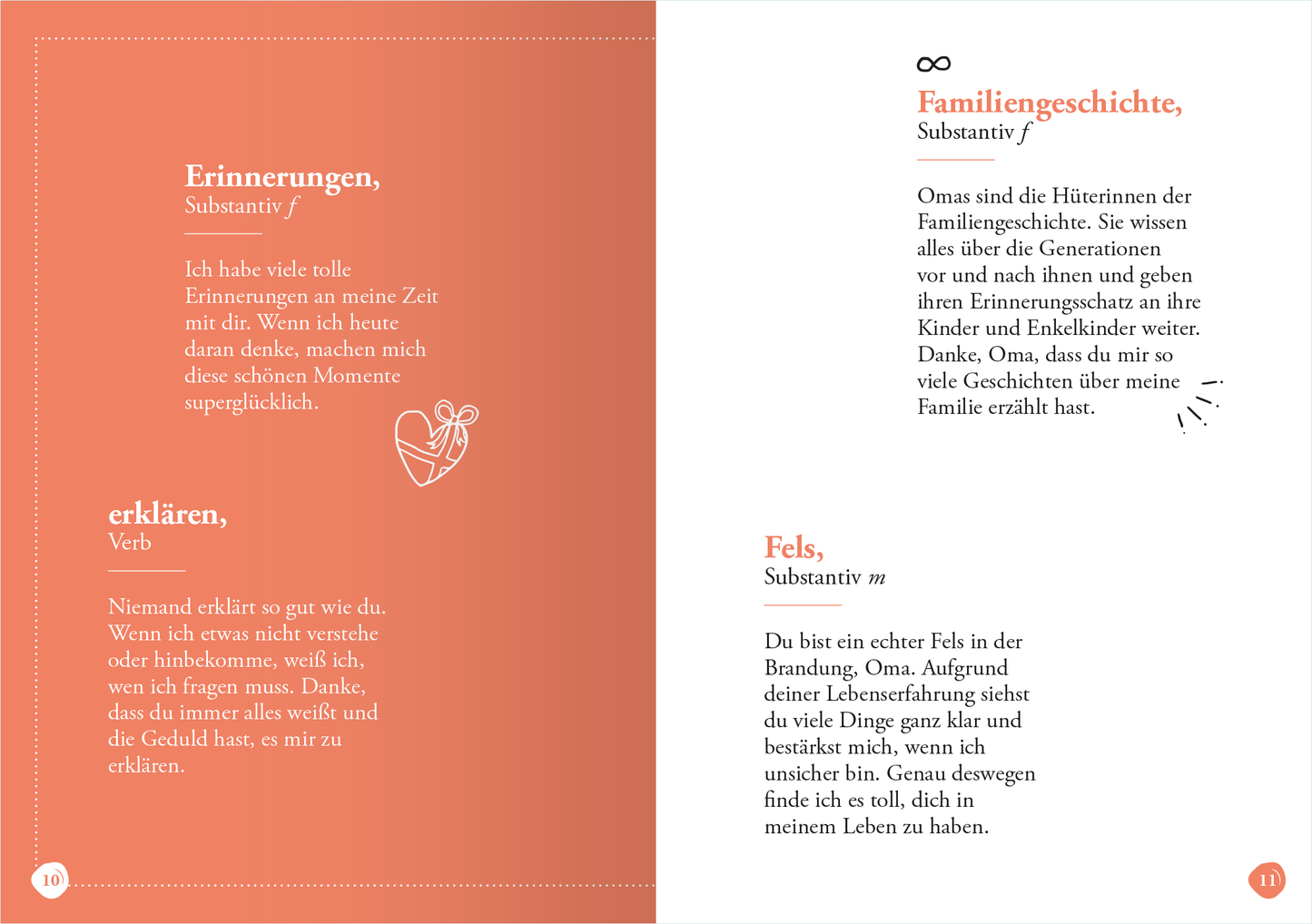 Gezeigt wird eine Innenansicht von „Oma (Substantiv, f)“. Die Seite hat einen sanften, korallenfarbenen Hintergrund. Links ist der Begriff „Erinnerungen, Substantiv f“ in kurzer, klarer Schrift abgedruckt, gefolgt von einem persönlichen Text, der in einer gut lesbaren (serifenlosen) Typografie gestaltet ist. Rechts steht „Familiengeschichte, Substantiv f“ im oberen Bereich, darunter ein erklärender Text, elegant formatiert. Eine kleine, verspielte Illustration ergänzt das Layout.