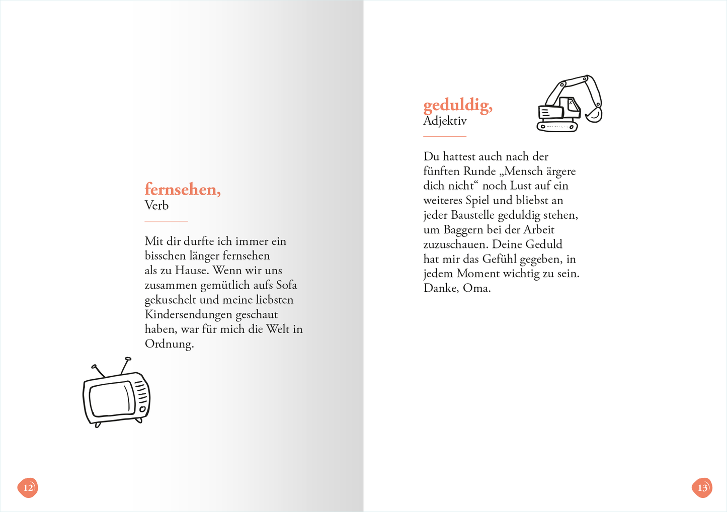 Gezeigt wird eine Innenansicht von „Oma (Substantiv, f)“. Die Seite ist in einen hellen, sanften Farbverlauf unterteilt. Links befindet sich ein Textfeld mit der Definition des Begriffs „fernsehen, Verb“, in orangefarbener Schrift. Neben dem Text steht eine einfache, illustrative Darstellung eines Fernsehers. Rechts findet sich die Definition von „geduldig, Adjektiv“, begleitet von einer Skizze eines Baukrans. Die Typografie ist klar und modern, was die Lesbarkeit unterstützt.