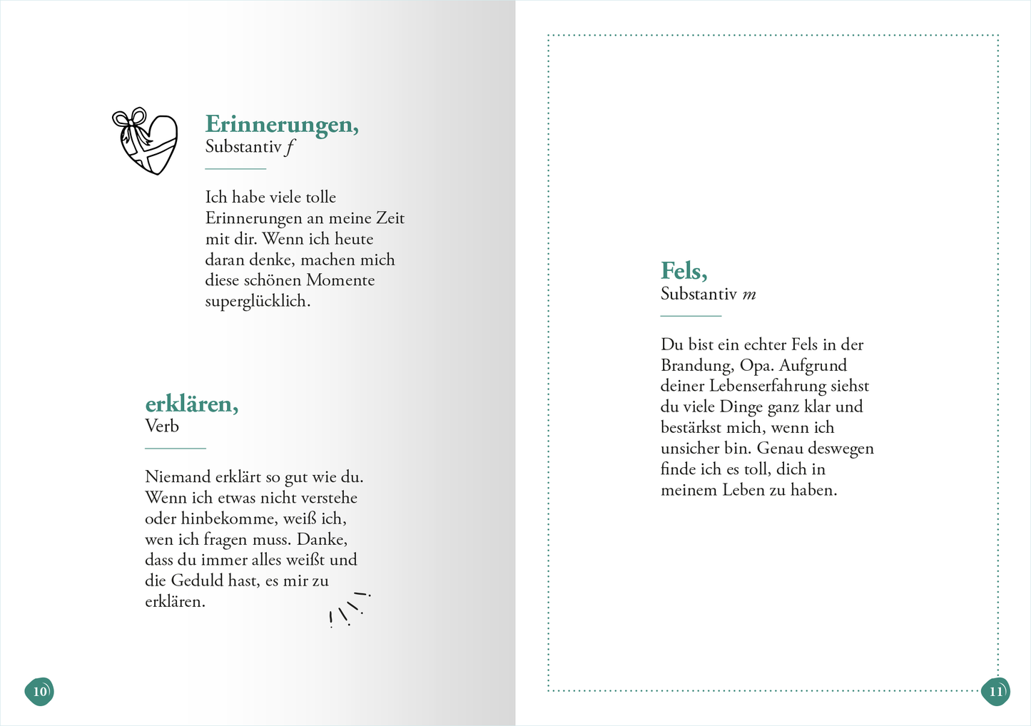 Gezeigt wird eine Innenansicht von „Opa“. Die Seite ist in sanften Farbtönen gehalten, hauptsächlich in Weiß und Grüntönen. Links steht das Wort „Erinnerungen“ in einer eleganten Schriftart, begleitet von einer kleinen, schematischen Zeichnung eines Herzens. Der Text beschreibt persönliche Erinnerungen. Rechts steht das Wort „Fels“ in der gleichen Schriftart, ebenfalls mit einem kurzen, erklärenden Text. Die Gestaltung ist klar und übersichtlich, wobei Farben und Typografie...