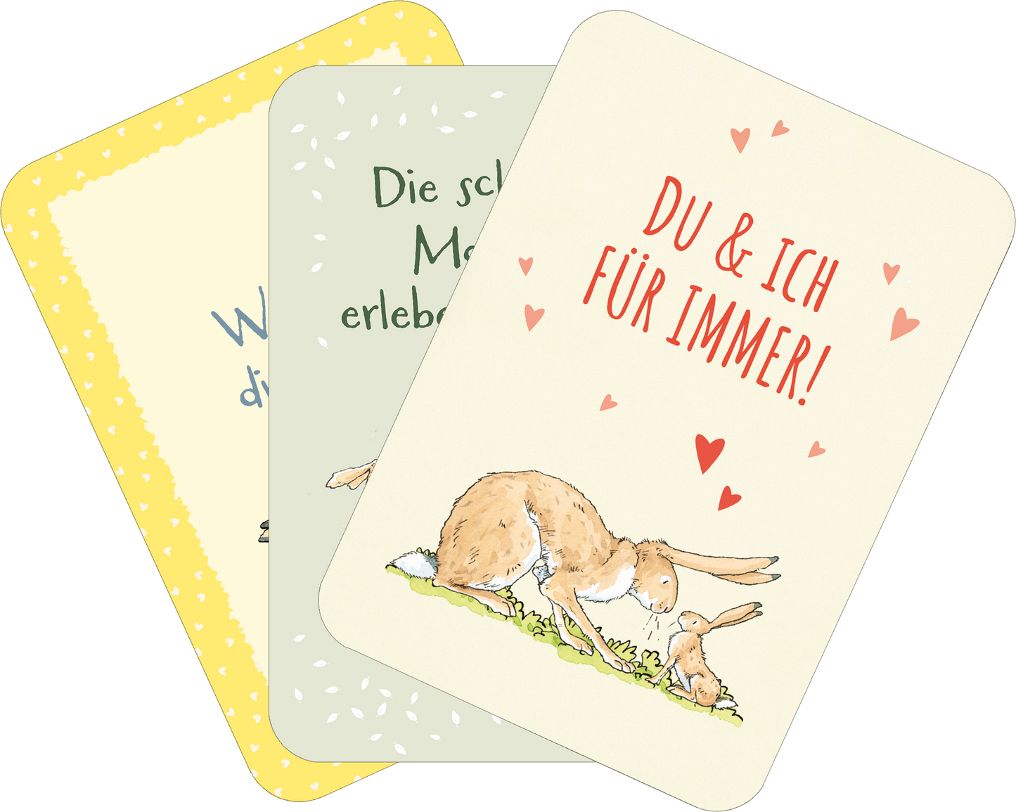 Gezeigt wird eine Innen- oder Zusatzansicht von „Weißt du eigentlich, dass du mein größter Schatz bist?“. Die Abbildung zeigt drei Karten mit verschiedenen fröhlichen Designs. Die linke Karte hat einen gelben Rand mit dem Text in sanften Blau. Die mittlere Karte ist mintgrün und enthält den Schriftzug „Die schönsten Momente erleben“ in dunklerem Grün. Die rechte Karte ist in sanftem Creme mit rotem Text „DU & ICH FÜR IMMER!“ und einer niedlichen Illustration von zwei...