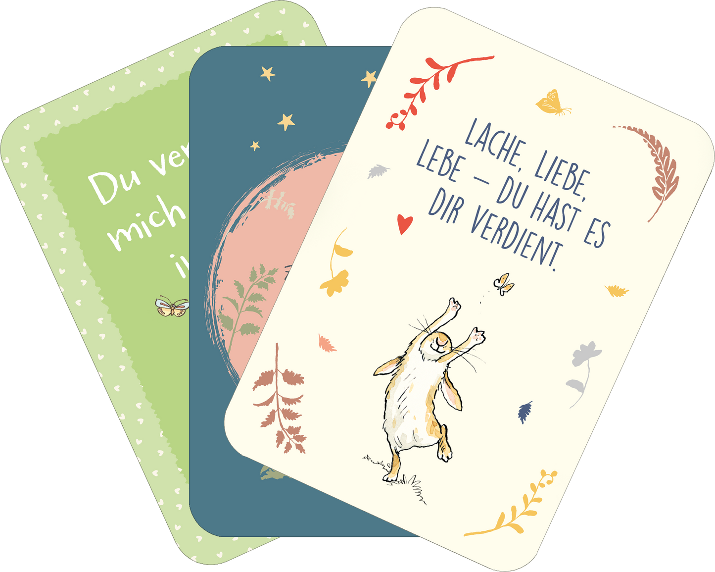 Gezeigt wird eine Innen- oder Zusatzansicht von „Weißt du eigentlich, wie unglaublich wundervoll du bist?“. Die Ansicht zeigt drei Karten in unterschiedlichen Farben. Die linke Karte ist grün mit dem Text „Du vergisst mich nicht“ in sanfter Schrift. Die mittlere Karte ist in Blau gehalten und weist einen runden, rosa Farbakzent auf. Die rechte Karte hat einen cremefarbenen Hintergrund und enthält den Satz „LACHE, LIEBE, LEBE – DU HAST ES DIR VERDIENT!“ in großer, markanter...