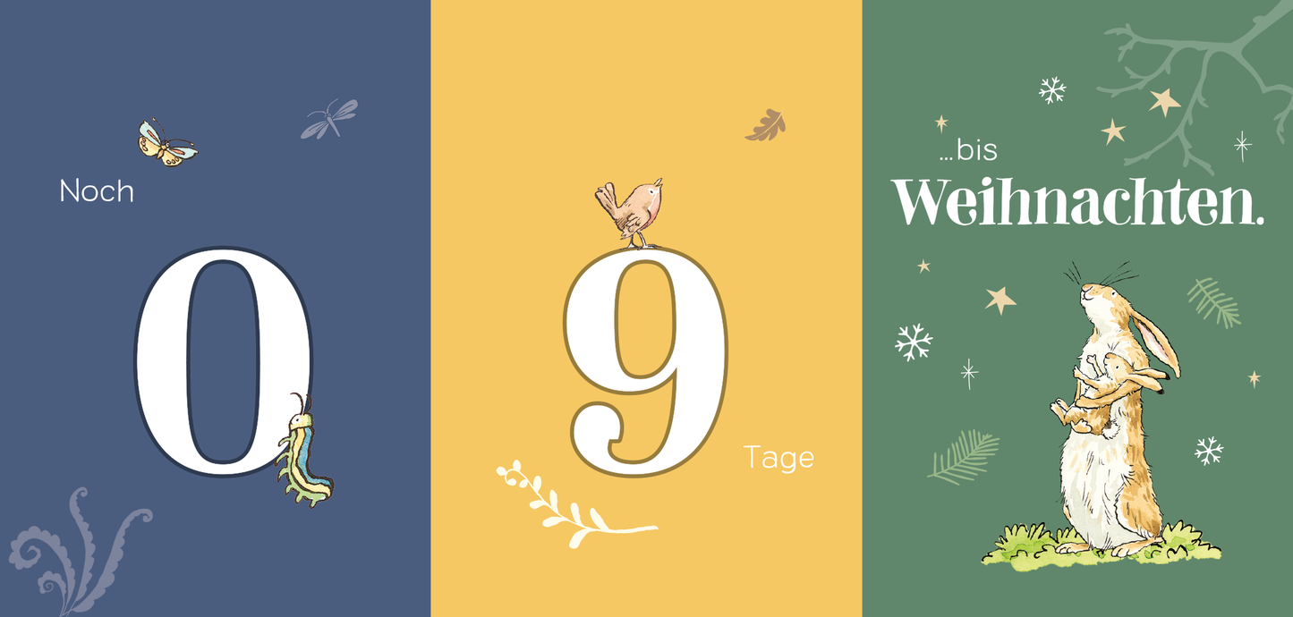 Gezeigt wird eine Innen- oder Zusatzansicht von „Weißt du eigentlich, wie schnell die Zeit vergeht?“. Die drei farbigen Felder zeigen die Zahlen „0“ und „9“ in kräftigen, bunten Typografien auf einem dunkelblauen und gelben Hintergrund. Daneben steht in eleganter Schrift „bis Weihnachten“ auf grünem Grund. Illustrative Elemente wie Insekten und ein niedlicher Hase umrahmen die Zahlen und schaffen eine festliche, lebendige Stimmung.