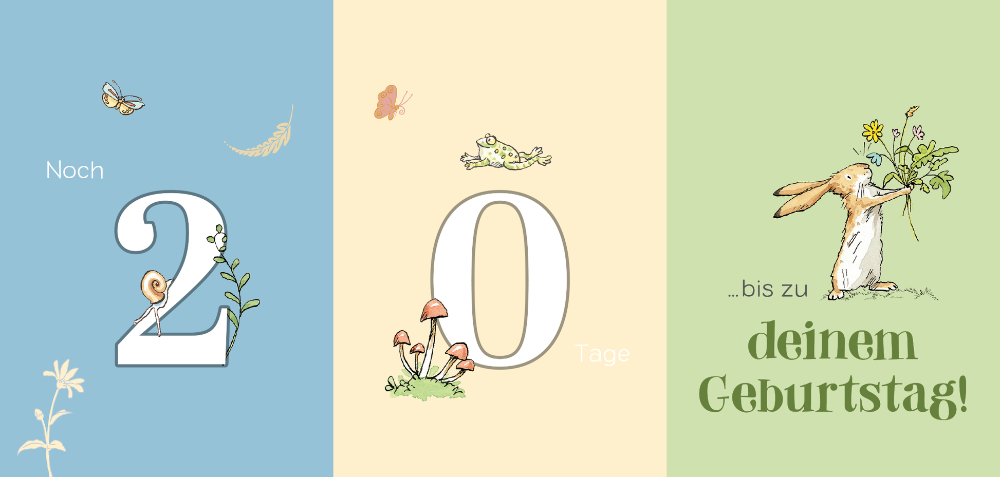 Gezeigt wird eine Innen- oder Zusatzansicht von „Weißt du eigentlich, wie schnell die Zeit vergeht?“. Die Seite ist in sanften Pastellfarben gehalten: ein hellblauer, ein hellgelber und ein sanfter Grünton. Zentral sind die Zahlen „20“ und „0“ in großem, klarem Schriftbild. Rund um die Zahlen und an den Rändern finden sich zarte Illustrationen von Insekten, Pflanzen und einem Hasen, der Blumen hält. Die Schrift für „deinem Geburtstag!“ ist verspielt und freundlich...