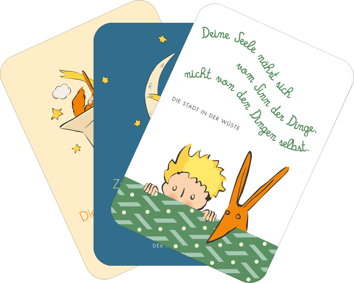 Gezeigt wird eine Innen- oder Zusatzansicht von „Der Kleine Prinz. 50 Glückskärtchen für jeden Tag“. Die Karten sind in sanften Farben gehalten – beige, blau und grün. Illustrationen zeigen den kleinen Prinzen, Sterne und eine Schere. Die Typografie ist verspielt und handschriftlich, wobei wichtige Textteile in eleganten Schriftarten hervorgehoben sind. Jede Karte vermittelt positive Botschaften und inspiriert zur Reflexion.