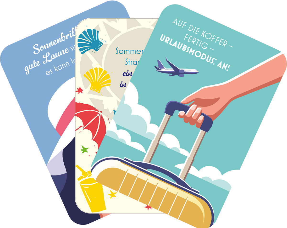 Gezeigt wird eine Innen- oder Zusatzansicht von „Dein Urlaubsorakel“. Die Karten präsentieren bunte, einladende Illustrationen. Die Farbpalette umfasst sanfte Blau- und Gelbtöne sowie lebendige Rottöne. Auf einer Karte ist eine Hand zu sehen, die einen Koffer hält, vor einem Himmel mit Flugzeug. Eine andere Karte beschreibt „Sonnenbrillen und gute Laune“ in verspielter Schriftart. Die Gestaltung vermittelt Urlaubsstimmung und Vorfreude auf neue Abenteuer.