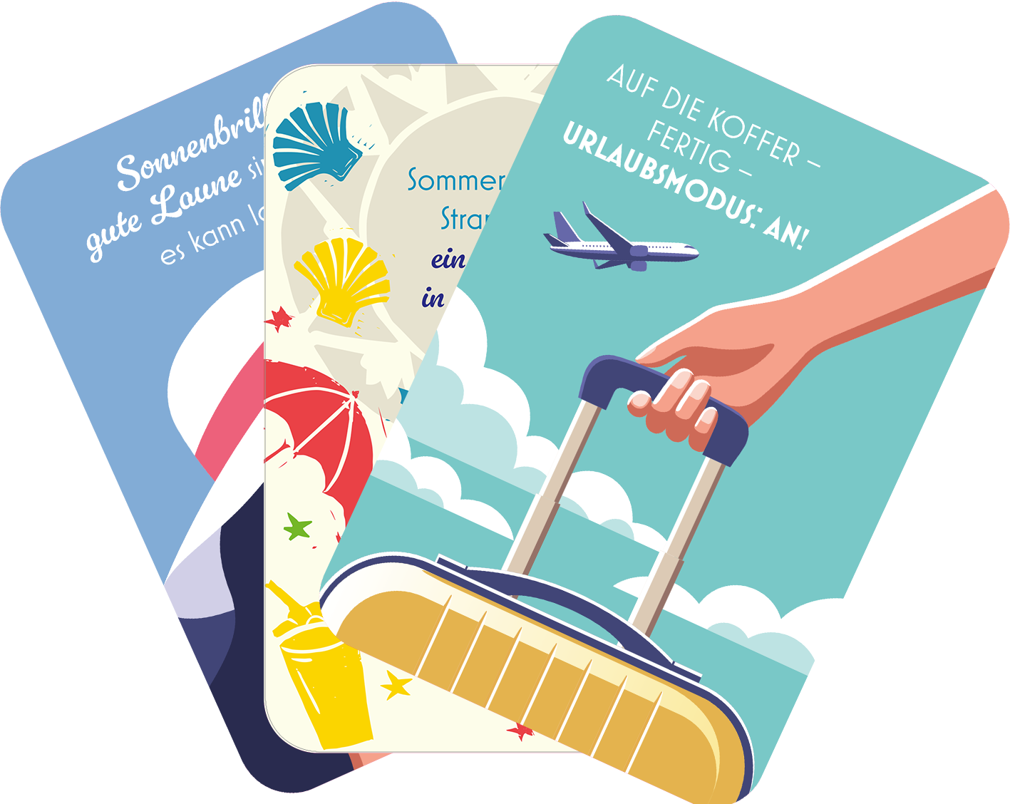 Gezeigt wird eine Innen- oder Zusatzansicht von „Dein Urlaubsorakel“. Die Karten präsentieren bunte, einladende Illustrationen. Die Farbpalette umfasst sanfte Blau- und Gelbtöne sowie lebendige Rottöne. Auf einer Karte ist eine Hand zu sehen, die einen Koffer hält, vor einem Himmel mit Flugzeug. Eine andere Karte beschreibt „Sonnenbrillen und gute Laune“ in verspielter Schriftart. Die Gestaltung vermittelt Urlaubsstimmung und Vorfreude auf neue Abenteuer.