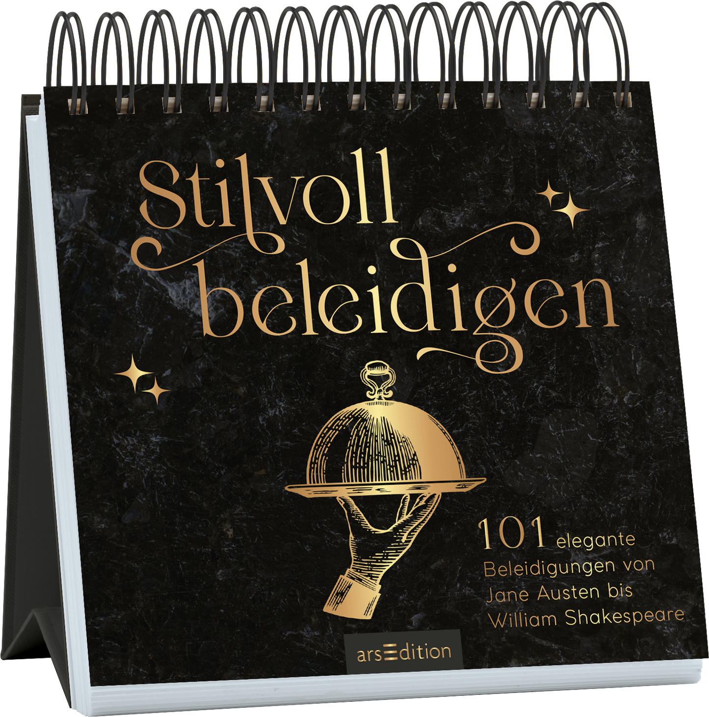 Das Buchcover zeigt eine elegante, schwarze Hintergrundfarbe mit einer marmorierten Textur. In goldener, verschnörkelter Schrift steht der Titel „Stilvoll beleidigen“ im Fokus. Darunter befindet sich der Untertitel „101 elegante Beleidigungen von Jane Austen bis William Shakespeare“, ebenfalls in goldener Schrift. Oberhalb des Titels sind kleine goldene Sternmuster zu sehen. Das Cover vermittelt eine humorvolle, stilvolle Atmosphäre. Ganz unten mittig steht der Logoschriftzug von...