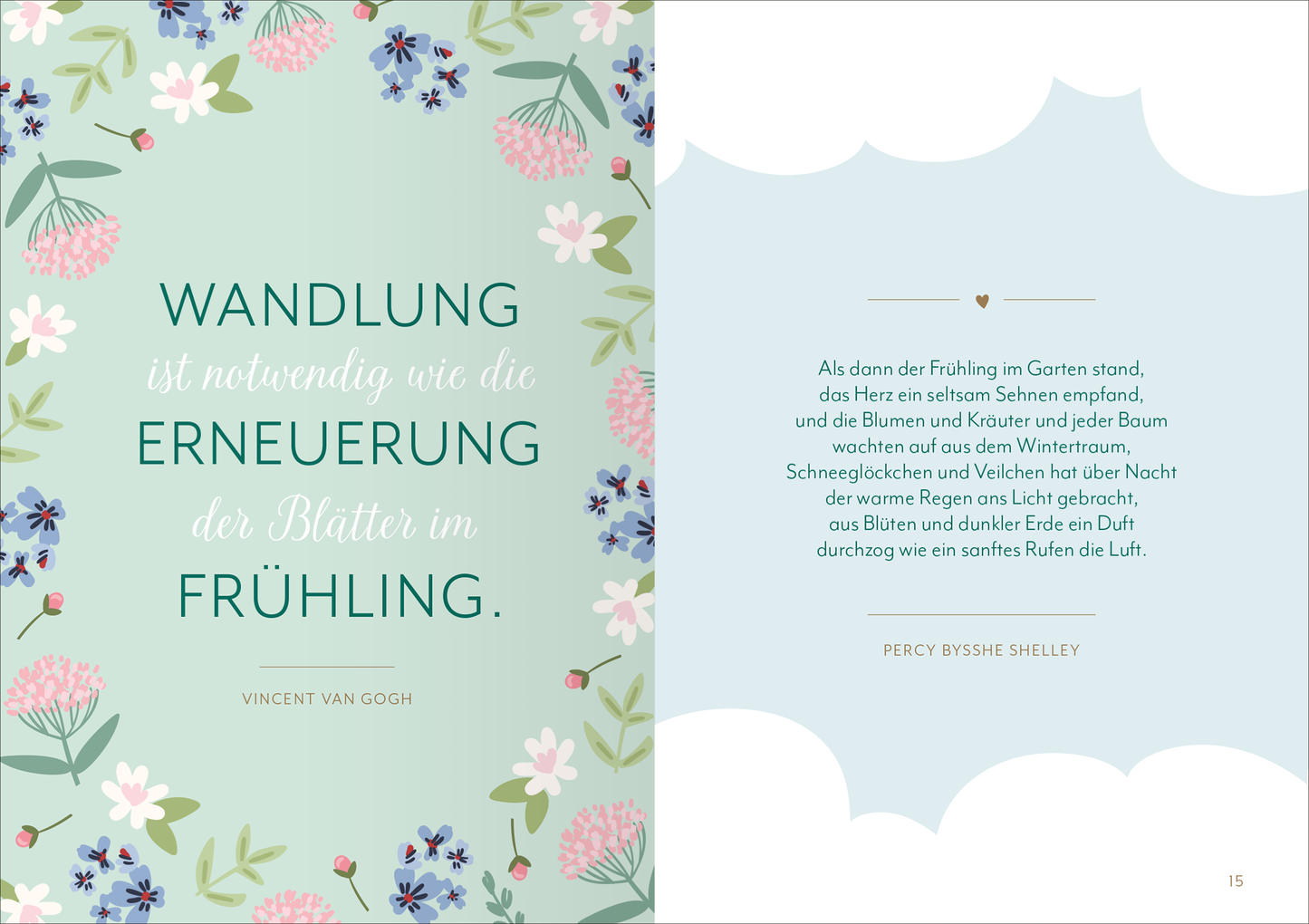 Gezeigt wird eine Innen- oder Zusatzansicht von „Frühlingsherz“. Auf der linken Seite befindet sich ein zartgrüner Hintergrund, umrahmt von floralen Motiven in sanften Farben wie Rosa und Blau. Der Text in großer, eleganter Schrift lautet: „WANDLUNG ist notwendig wie die ERNEUERUNG der Blätter im FRÜHLING.“ von Vincent van Gogh. Auf der rechten Seite ist ein hellblauer Hintergrund mit geschwungenen Wolkenformen, auf dem romantische Schriftzüge von Percy Bysshe Shelley stehen,...