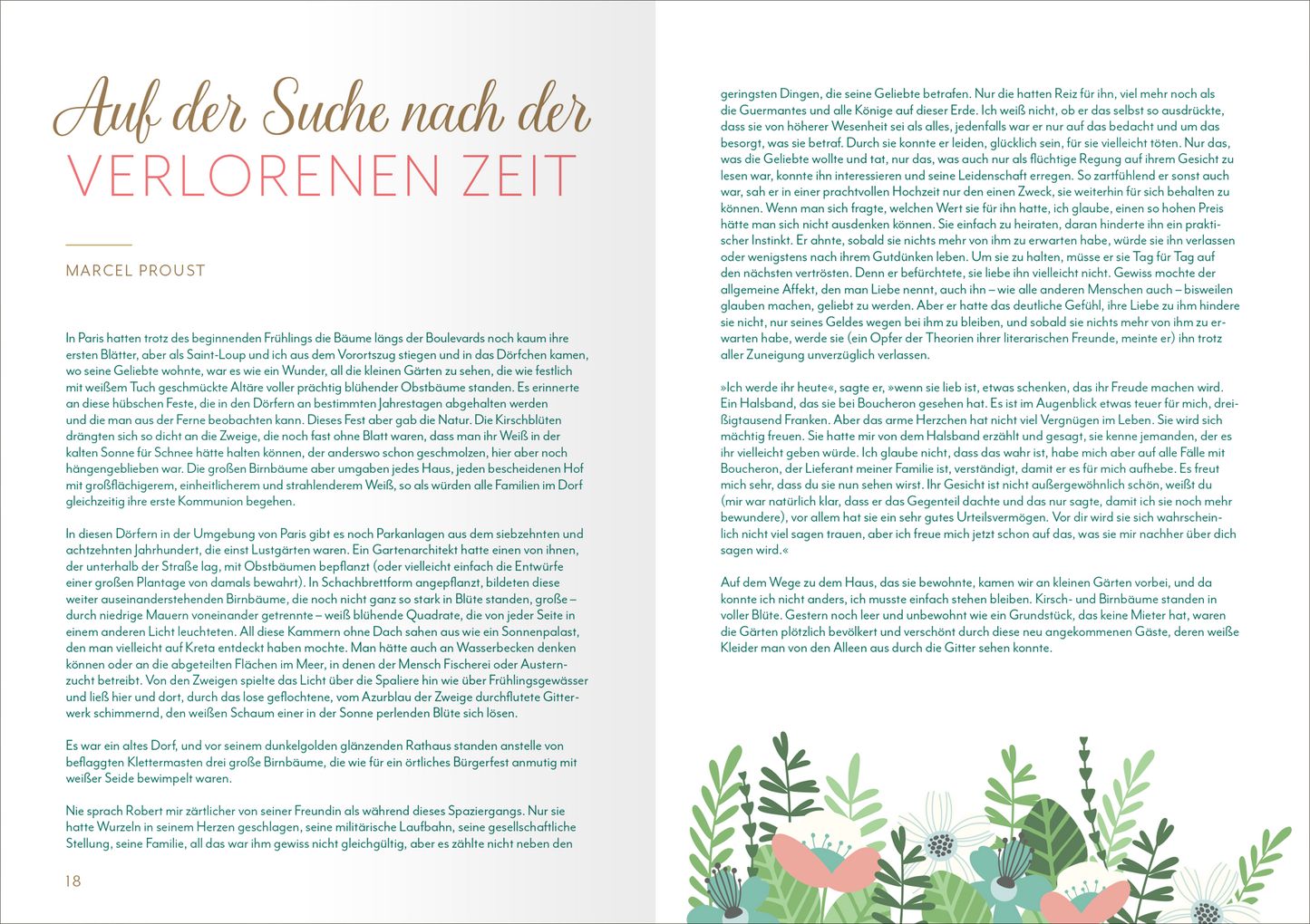 Gezeigt wird eine Innenansicht von „Frühlingsherz“. Die Seite präsentiert einen weißen Hintergrund, auf dem der Titel „Auf der Suche nach der verlorenen Zeit“ in einer eleganten, geschwungenen Schrift in Rosa hervorgehoben ist. Darunter steht der Name „Marcel Proust“ in einem schlichten, klaren Font. Der Text ist linksbündig und fließt in einem gut lesbaren Layout. Die rechte Seite ist mit einer zarten, bunten Illustration von pflanzenartigen Motiven und Blumen in Pastelltönen...