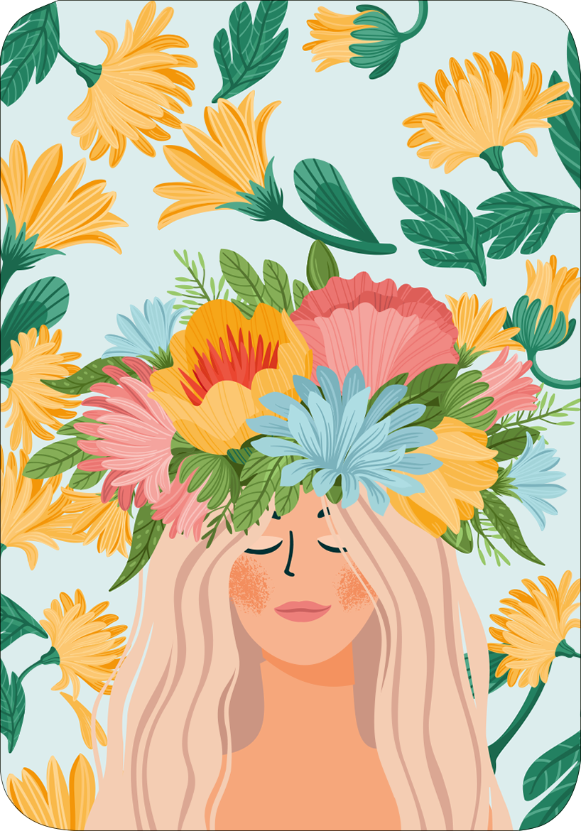 Gezeigt wird eine Innen- oder Zusatzansicht von „Wiesenglück“. Die Illustration zeigt eine Frau mit langen, blonden Haaren, die sanft im Wind wehen. Ihr Kopf ist mit einer prächtigen Blumenkrone aus bunten Blumen, wie Sonnenblumen, roten und blauen Blüten, verziert. Im Hintergrund ist ein zart blauer Himmel mit grünen Blättern zu sehen. Die Farbpalette ist lebhaft und strahlend, wobei sanfte Pastell- und kräftige Töne harmonisch kombiniert sind. Die typografischen Elemente sind...