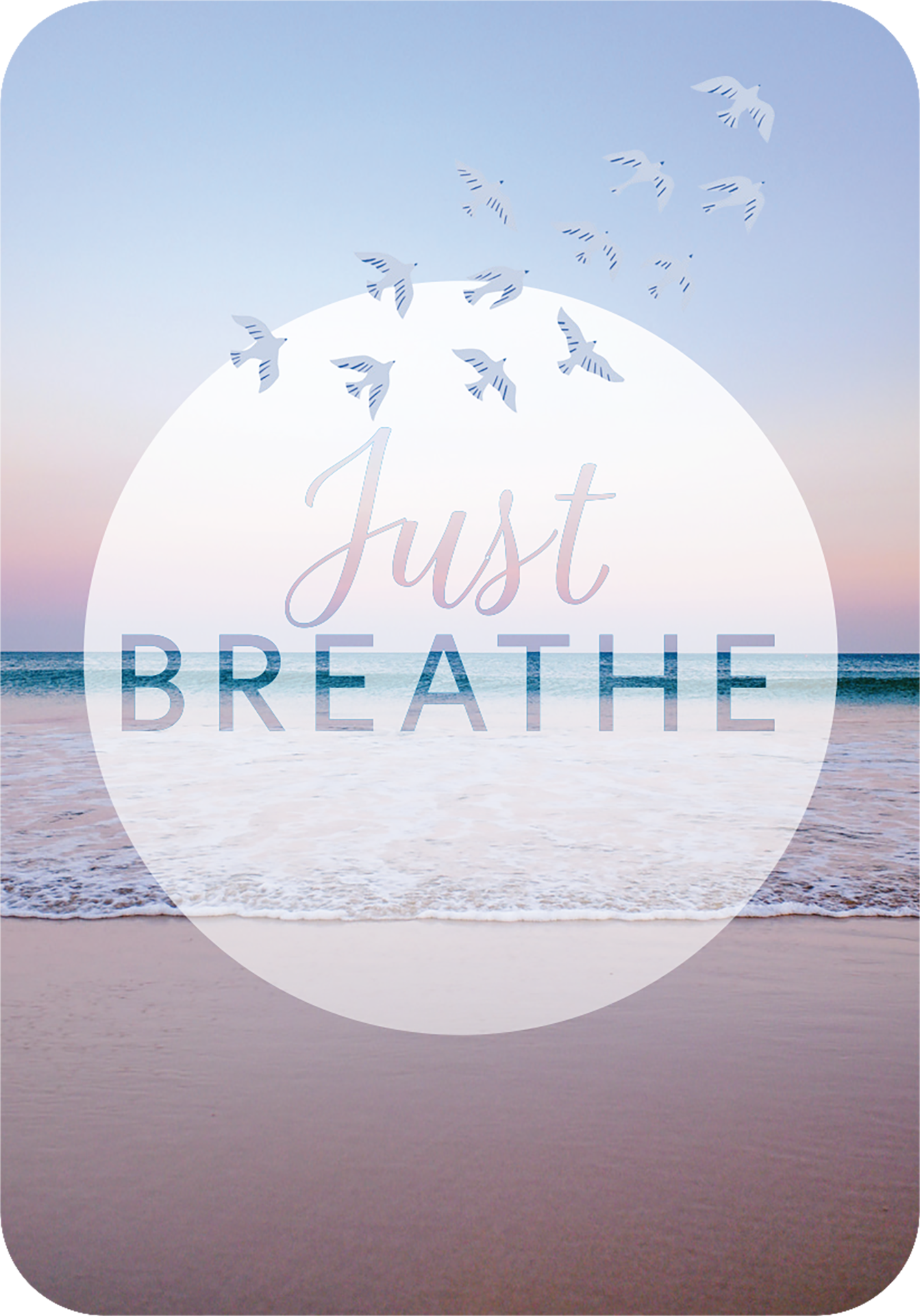 Gezeigt wird eine Innen- oder Zusatzansicht von „Achtsam atmen – Dein Weg zu innerer Ruhe“. Die Gestaltung zeigt sanfte Pastellfarben mit einem beruhigenden Übergang von Blau zu Rosa im Hintergrund. Über dem Meer sind stilisierte Vögel fliegend dargestellt. In der Mitte des Bildes steht der Schriftzug „Just Breathe“ in einer Kombination aus eleganten Schreibschrift-Elementen und klarer Typografie. Die insgesamt harmonische Komposition vermittelt ein Gefühl von Ruhe und Achtsamkeit.