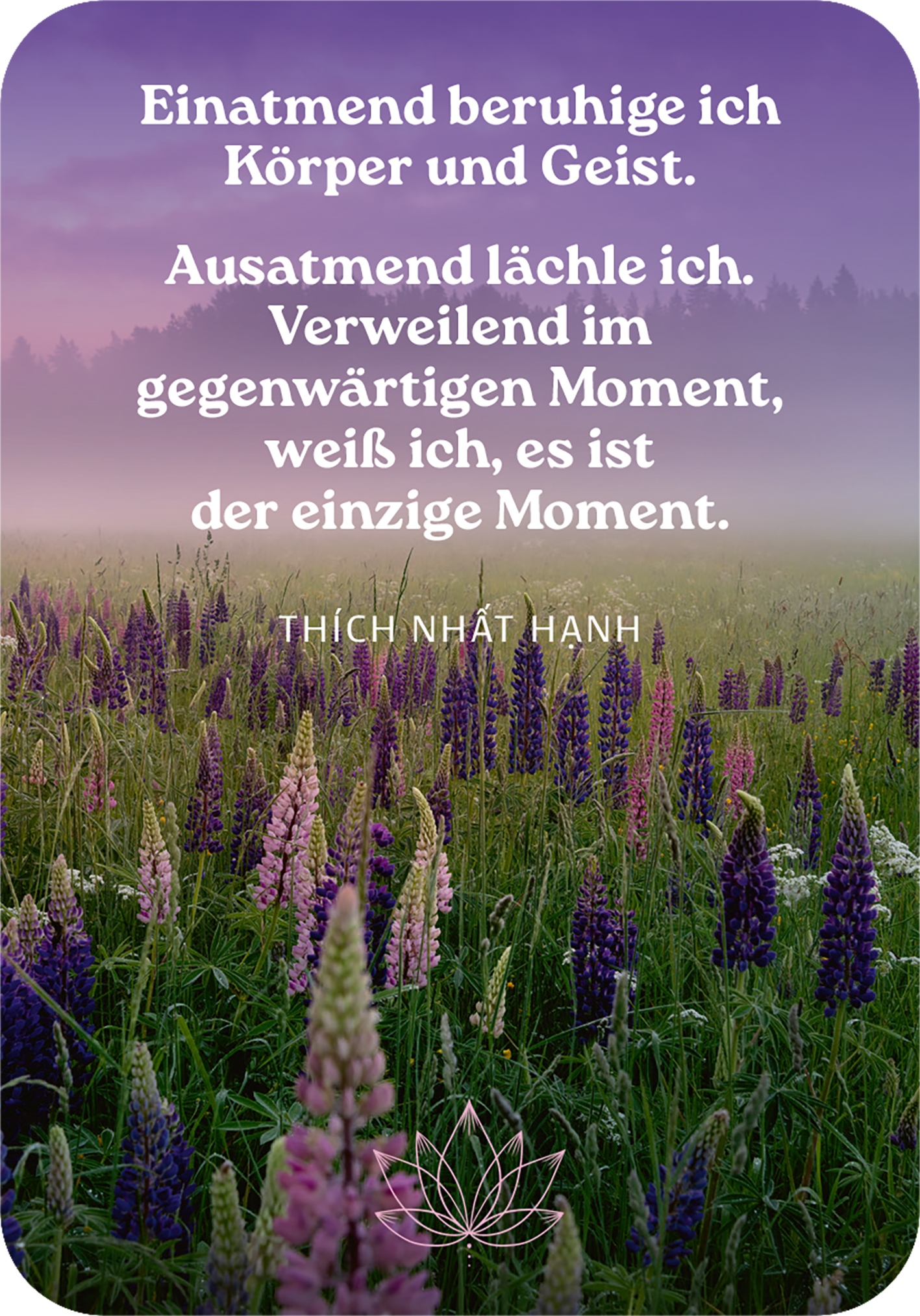 Gezeigt wird eine Innen- oder Zusatzansicht von „Achtsam atmen – Dein Weg zu innerer Ruhe“. Die Abbildung zeigt eine malerische Wiesenlandschaft mit lila Blauschwingel- und anderen Blumen im Vordergrund. Im Hintergrund ist ein sanfter, bunter Himmel zu sehen, der in sanften Pastelltönen leuchtet. Der Text ist in ansprechender, großer Schrift gehalten und besagt: „Einatmend beruhige ich Körper und Geist. Ausatmend lächle ich... Der Text ist in Weiß gehalten und wird durch eine...