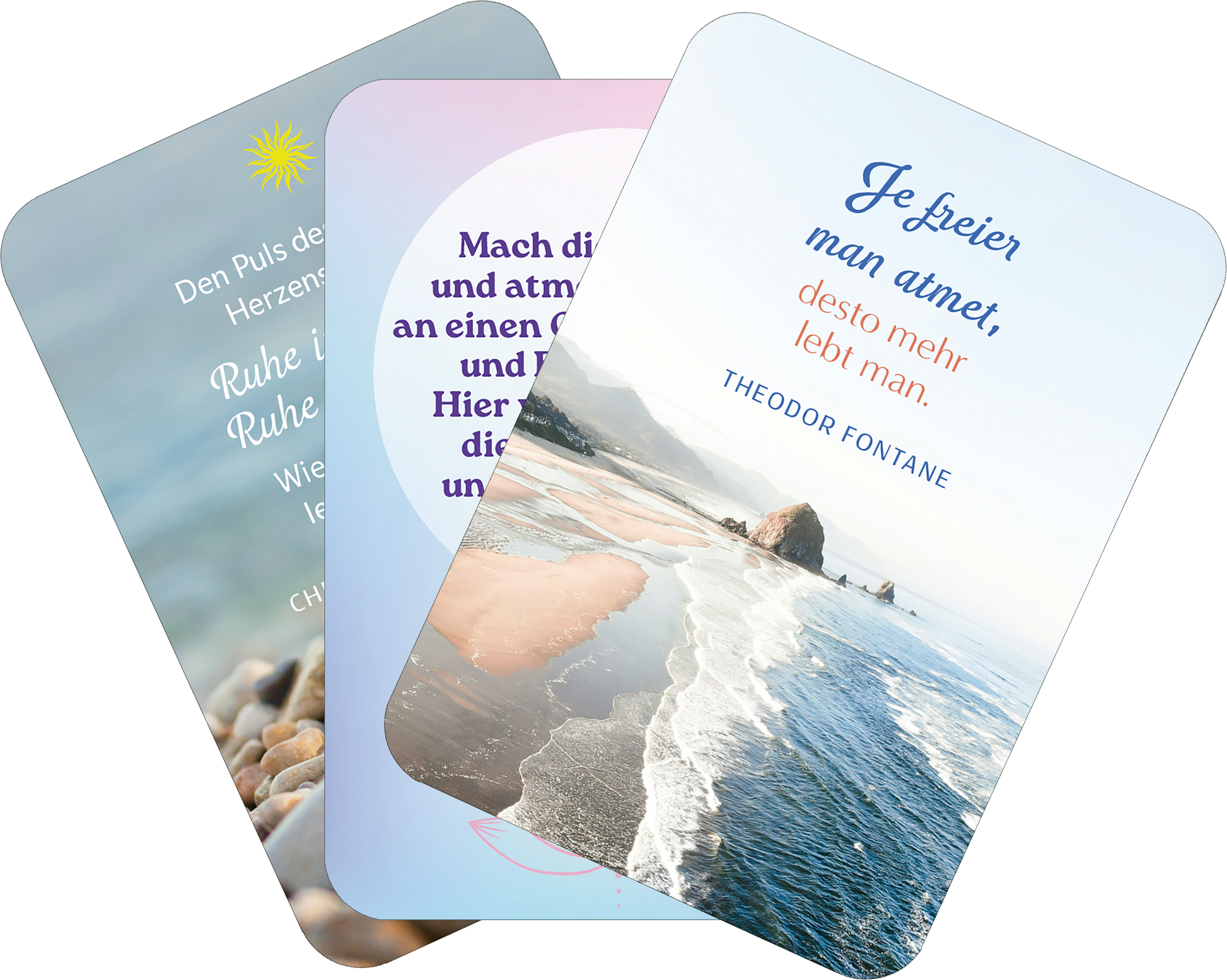 Gezeigt wird eine Innen- oder Zusatzansicht von „Achtsam atmen – Dein Weg zu innerer Ruhe“. Die Ansicht zeigt drei Karten mit sanften Farben wie Blau, Rosa und Violett. Jede Karte enthält unterschiedliche inspirierende Texte in einer gut lesbaren, modernen Schrift. Die Gestaltung umfasst Bilder von Naturmotiven, wie Strand und Steine, sowie eine stilisierte Sonne und Kreise, die für Ruhe und Achtsamkeit stehen.