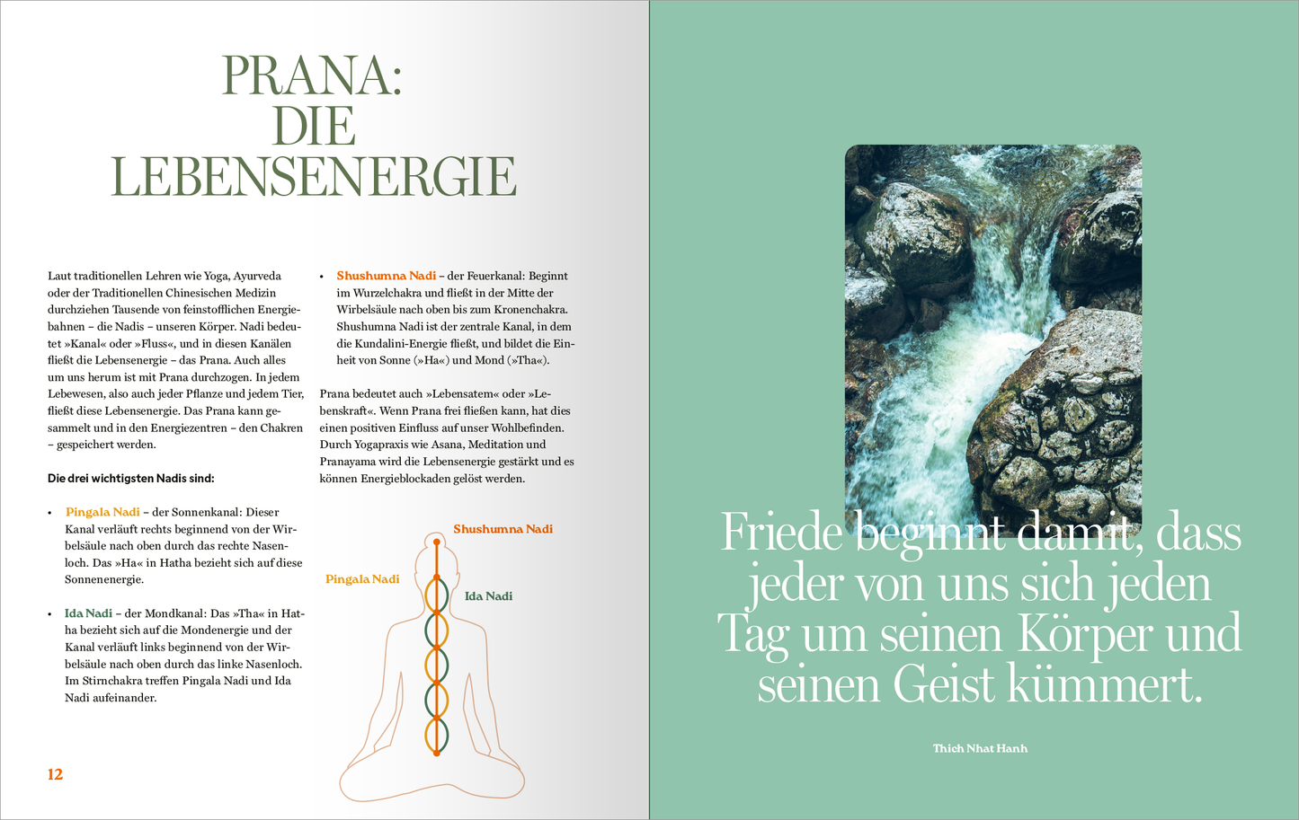 Gezeigt wird eine Innenansicht von „Yoga“. Auf der linken Seite befindet sich ein weißer Hintergrund mit dunkelgrüner, eleganter Schrift, die den Titel „Prana: Die Lebensenergie“ augenfällig präsentiert. Darunter sind kurze Erläuterungen in dezentem Schwarz abgedruckt. Auf der rechten Seite hebt sich ein sanfter mintgrüner Hintergrund ab, auf dem ein Bild eines plätschernden Gewässers zwischen Felsen zu sehen ist. Ein Zitat in klarer Schrift unterstreicht die zentrale Botschaft...