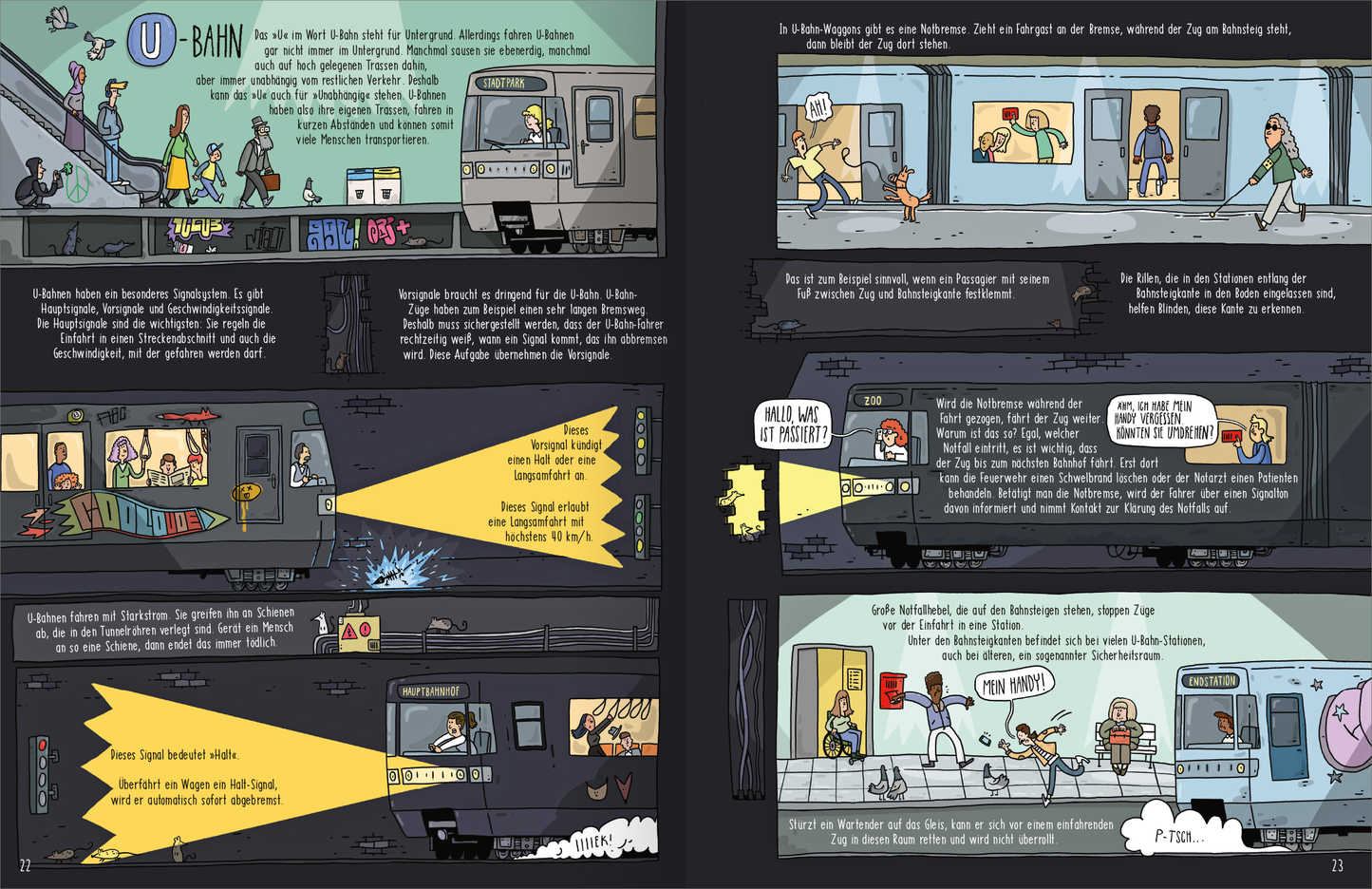 Gezeigt wird eine Innen- oder Zusatzansicht von „Im Untergrund“. Die Seite zeigt eine comicartige Darstellung der U-Bahn-Situation, bestehend aus bunten Illustrationen auf einem dunklen Hintergrund. Zentrale Elemente sind verschiedene Personen, die ein- und aussteigen, sowie ein detailgetreues U-Bahn-Wageninnere. Die Schrift ist handgeschrieben und leicht versetzt, teilweise durch Sprechblasen ergänzt. Die Farbpalette umfasst Blau- und Gelbtöne, die die Handlung lebendig und ansprechend...