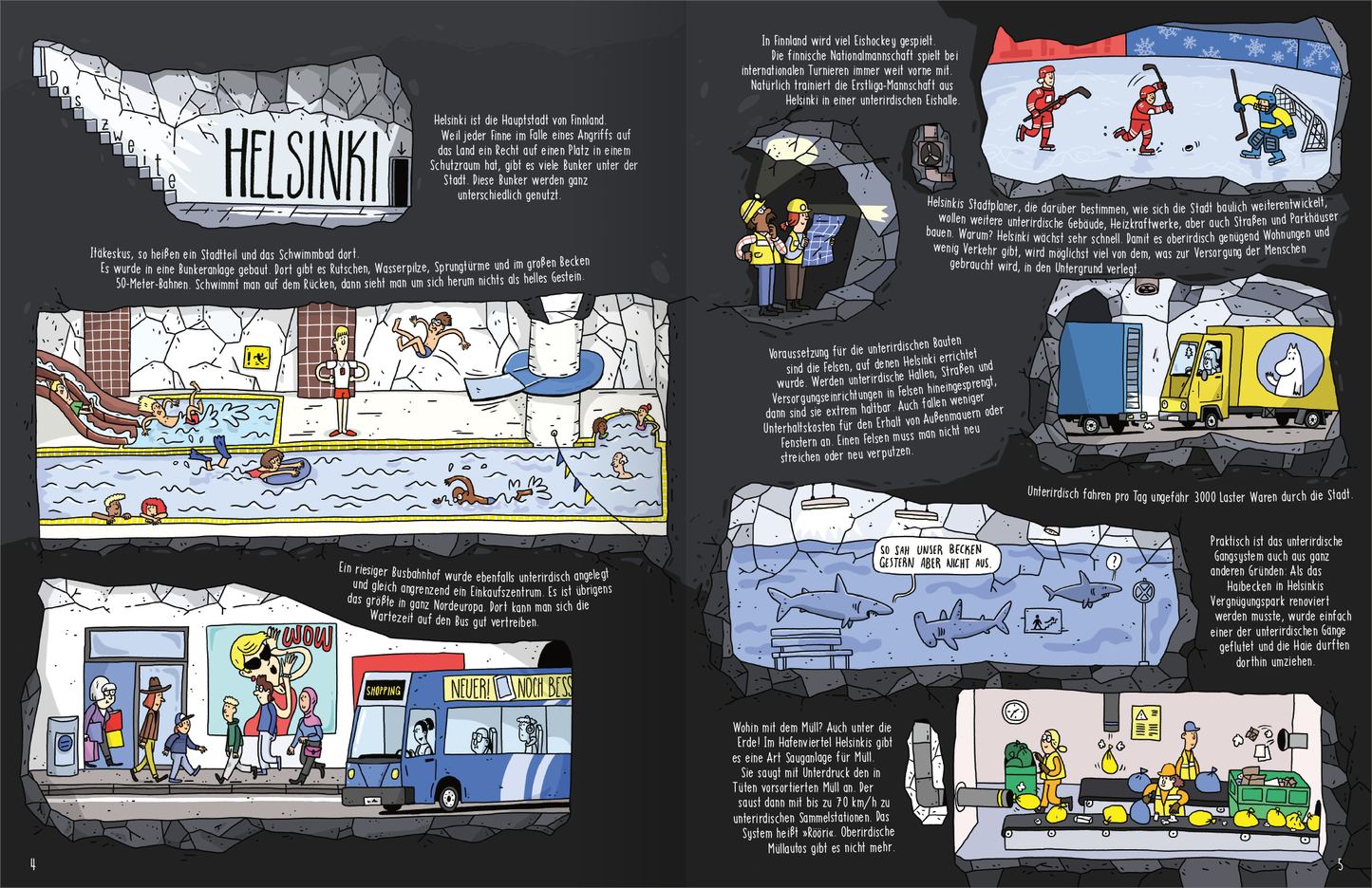 Gezeigt wird eine Innen- oder Zusatzansicht von „Im Untergrund“. Die Doppelseite zeigt bunte Comic-artige Illustrationen, die verschiedene Szenen aus Helsinki unter der Erde darstellen. Dominierende Farben sind Blau, Gelb, Rot und Grau. Typografisch finden sich große, klare Schriftzüge in Schwarz für den Titel „HELSINKI“ sowie erläuternde Textblöcke in lesbarer, freundlicher Schrift. Illustrationen von Menschen, Fahrzeugen und Tieren sind humorvoll und detailreich gestaltet.