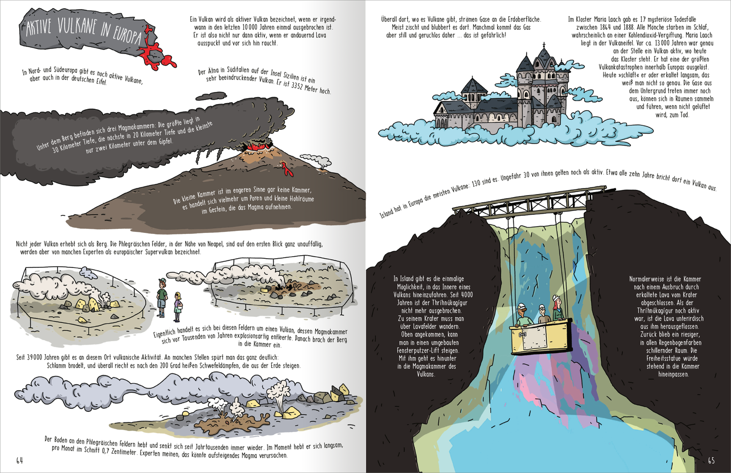 Gezeigt wird eine Innenansicht von „Im Untergrund“. Die Doppelseite ist in lebhaften Farben gestaltet, mit dominierenden Erdtönen, Blautönen und einzelnen roten Akzenten. Auf der linken Seite wird eine vulkanische Landschaft mit gezeichneten Lavaflüssen und Menschen depicted, während die rechte Seite eine Brücke über eine Schlucht zeigt, unterhalb von dichter Wolkenbildung und einer Burg im Hintergrund. Die verspielte, handschriftliche Typografie vermittelt ein informatives und...