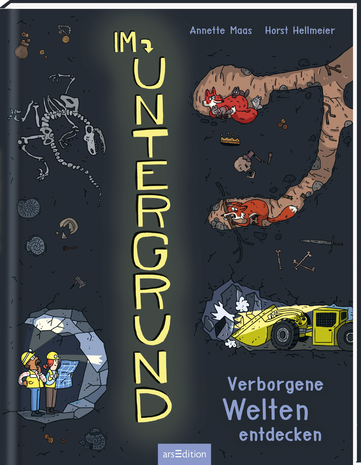 Das Buchcover zeigt eine cartoonhafte Darstellung des Themas „Untergrund“. Es kombiniert düstere Erdtöne mit lebhaften Farben, darunter Gelb und Rot. Im Mittelpunkt stehen Figuren in Schutzkleidung, die an einem grauen Felsen stehen und auf eine wissenschaftliche Entdeckung blicken. Über ihnen schlängelt sich eine große, grafische Darstellung von Tieren und geheimnisvollen Objekten. Der Titel „Im Untergrund“ ist in einer großen, kräftigen Schrift in Gelb gehalten, ergänzt durch...