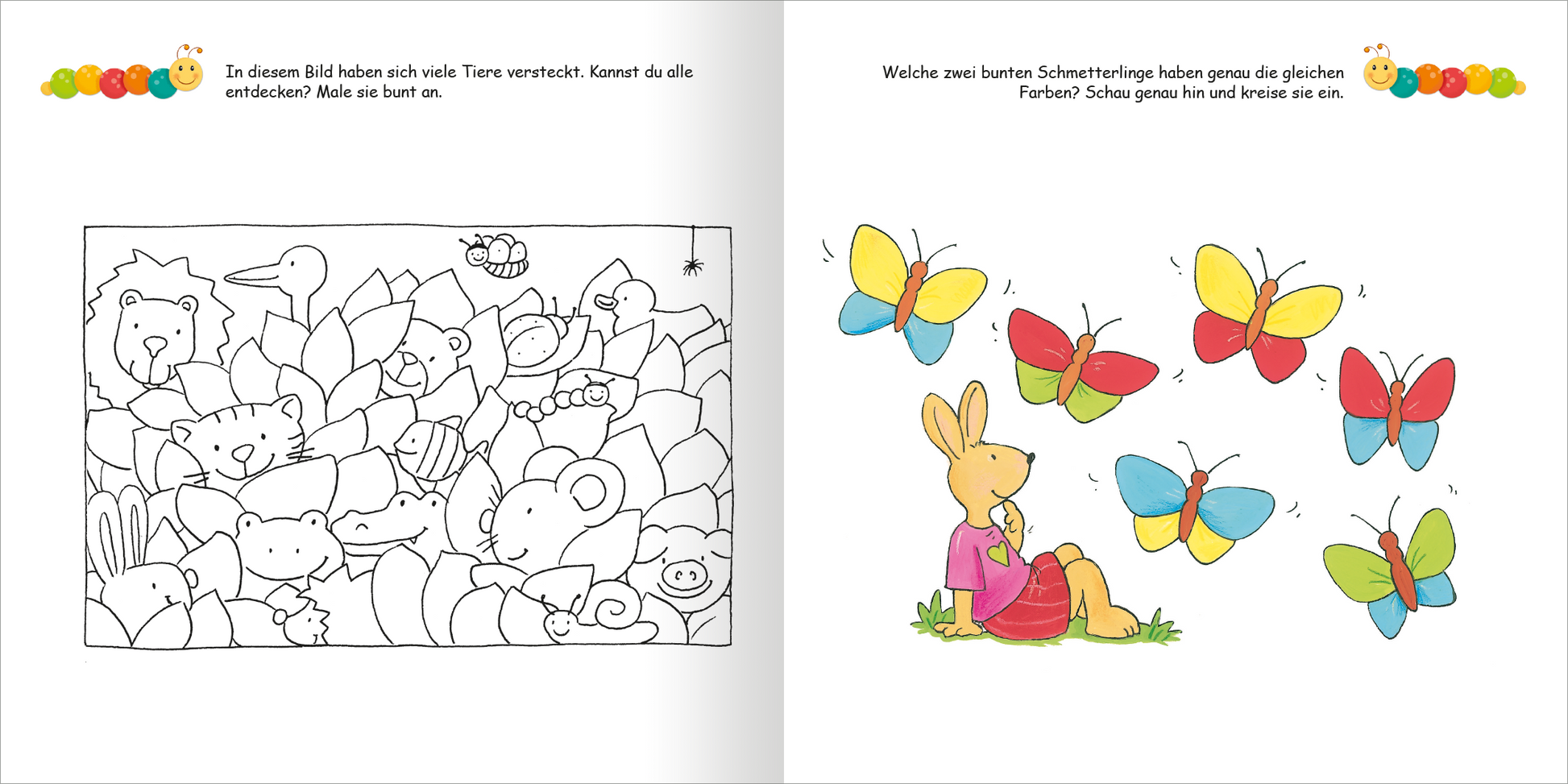 Gezeigt wird eine Innen- oder Zusatzansicht von „Lernraupe – Mein großes Übungsbuch für den Kindergarten“. Auf der linken Seite ist eine schwarz-weiße Ausmalillustration mit vielen versteckten Tieren, darunter ein Löwe, ein Vogel und ein Schmetterling, die von einer Vielzahl an Blättern umgeben sind. Die rechte Seite zeigt eine farbenfrohe Illustration eines Hasen, der in einem roten Kleid sitzt, umgeben von bunten Schmetterlingen in Gelb, Rot und Blau. Die Schrift ist klar und gut...