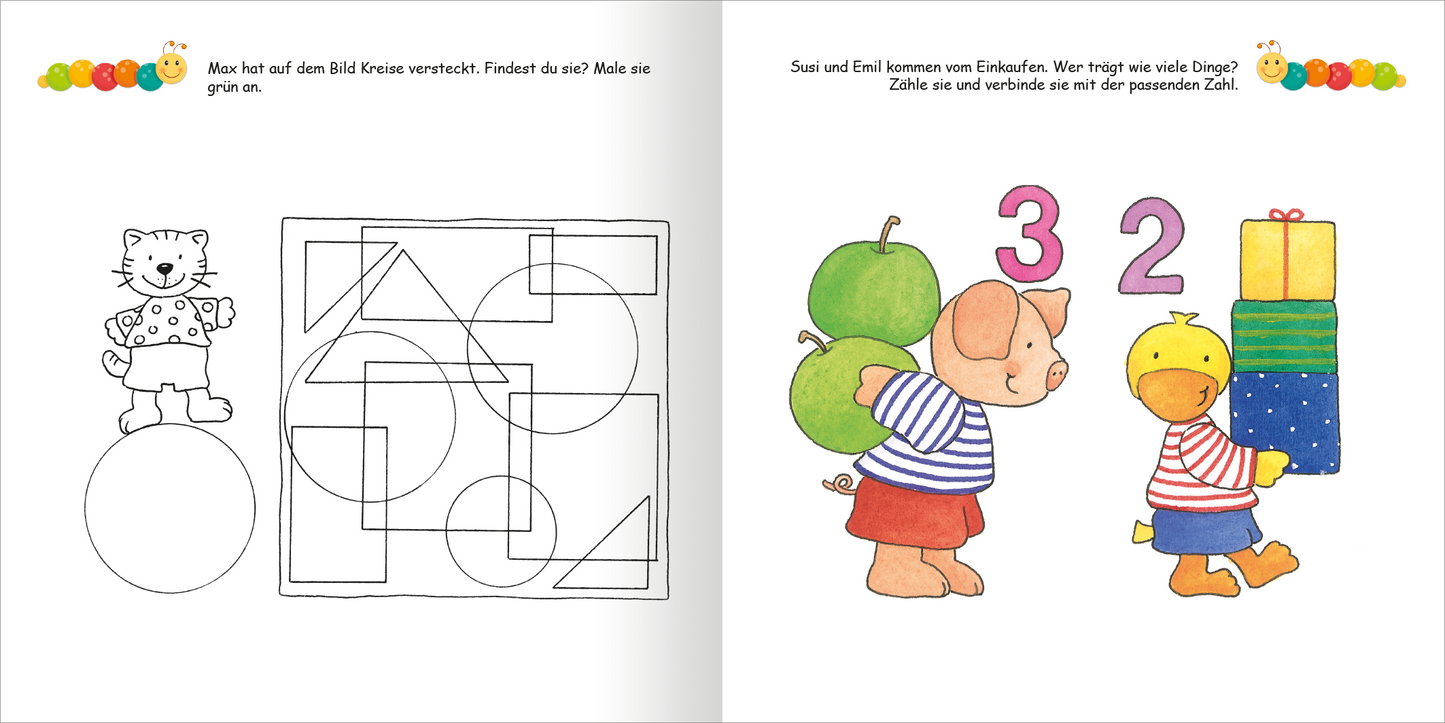 Gezeigt wird eine Innen- oder Zusatzansicht von „Lernraupe – Mein großes Übungsbuch für den Kindergarten“. Die Seite zeigt links eine schwarz-weiße Skizze mit geometrischen Formen sowie einer Katze, die ein Kind anspricht. Rechts sind Emils und Susis bunte, illustrierte Charaktere abgebildet, die zusammen verschiedene Gegenstände tragen und dabei mit Zahlen konfrontiert werden. Die Farben sind lebhaft und ansprechend, mit klaren, kindgerechten Schriftarten und einfachen...