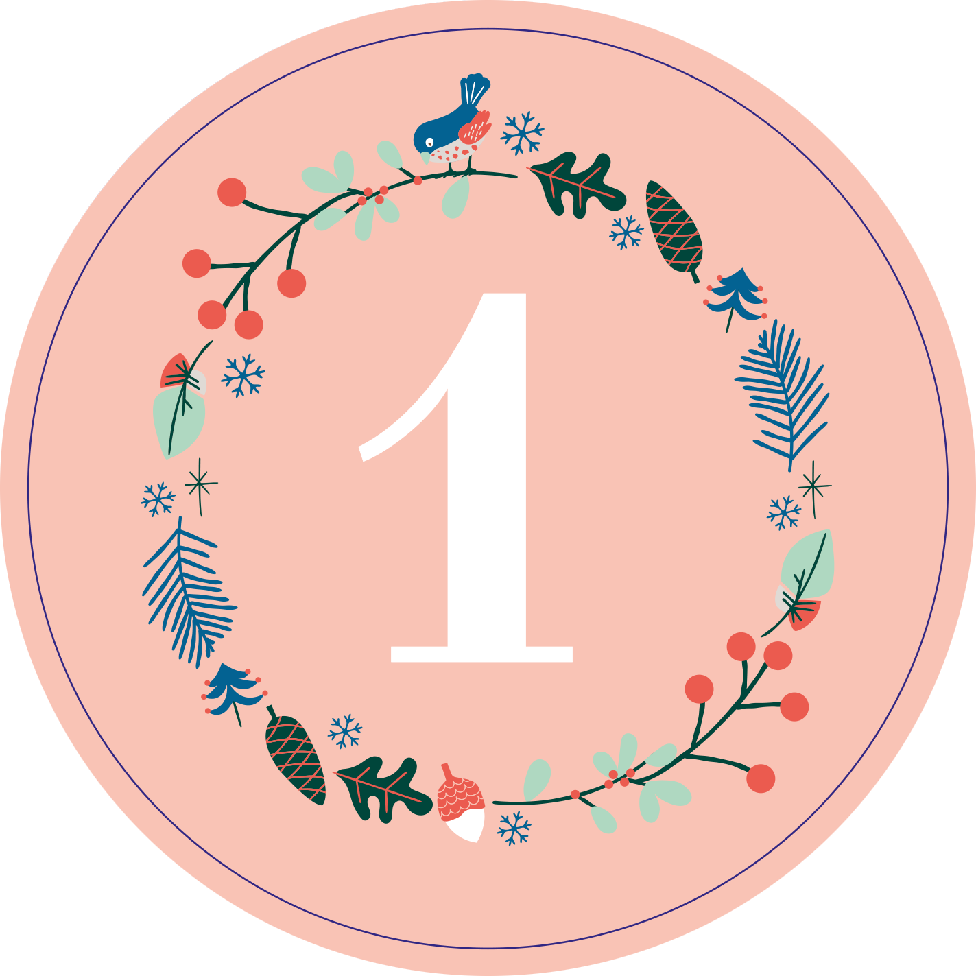 Gezeigt wird eine Innen- oder Zusatzansicht von „Adventskalender in der Dose. Weißt du eigentlich, wie lieb ich dich hab?“. Die Abbildung zeigt einen runden, sanft rosafarbenen Hintergrund. In der Mitte steht die große, weiße Zahl „1“, umgeben von einem dekorativen Kranz aus grünen Blättern, roten Beeren, Tannenzapfen und kleinen, bunten Vögeln. Die Gestaltung ist verspielt und festlich, ideal für die Weihnachtszeit.