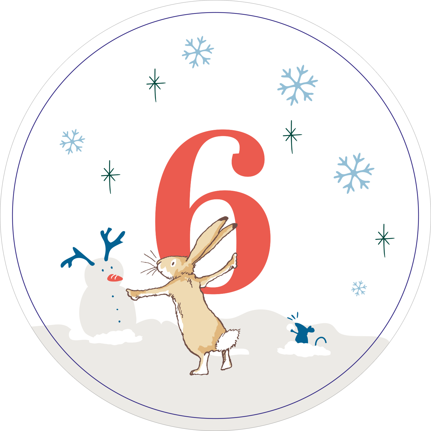 Gezeigt wird eine Innen- oder Zusatzansicht von „Adventskalender in der Dose. Weißt du eigentlich, wie lieb ich dich hab?“. Die Abbildung zeigt einen fröhlichen Hasen, der vor einem Schneemann mit roten Nasenpunkten und einem kleinen, blauem Tier steht. Die Zahl „6“ ist groß und rot hervorgehoben. Sanfte Schneeflocken in hellem Blau umrahmen die Szene, während der Hintergrund in einem hellen, neutralen Farbton gehalten ist.