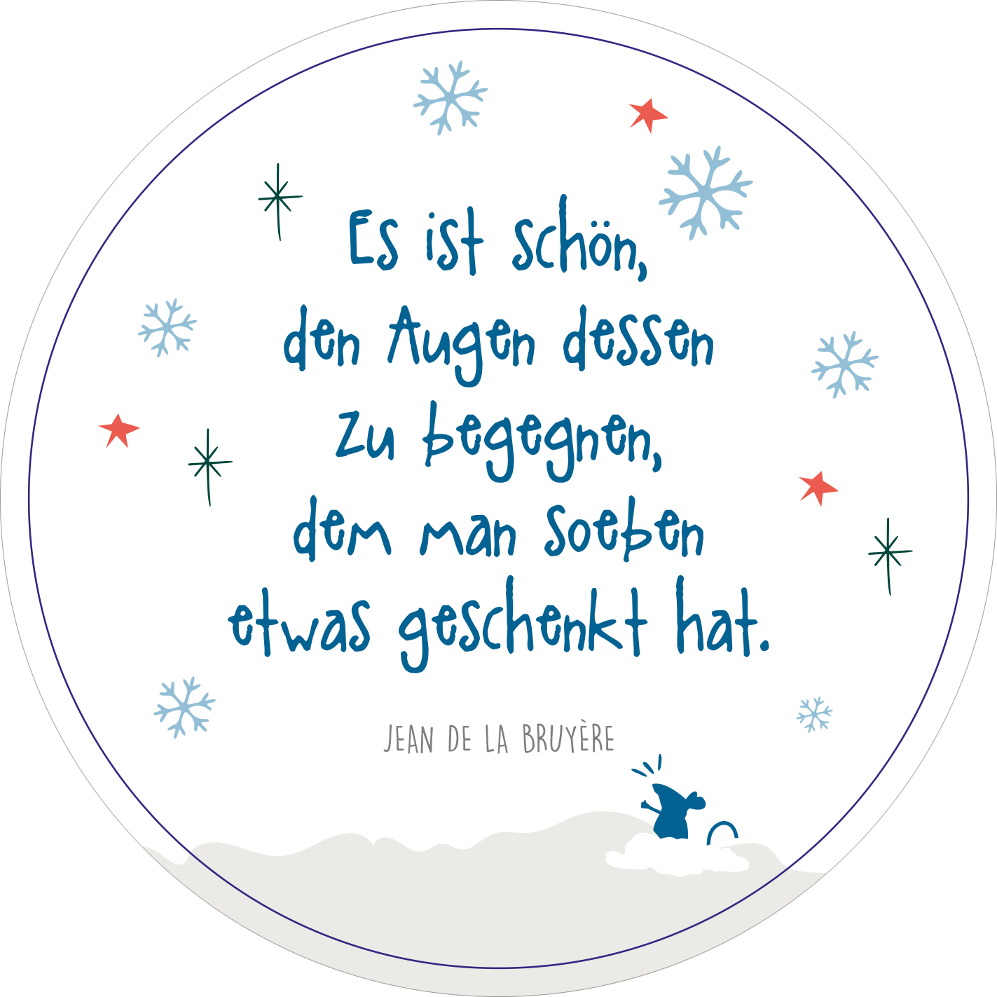 Gezeigt wird eine Innen- oder Zusatzansicht von „Adventskalender in der Dose. Weißt du eigentlich, wie lieb ich dich hab?“. Die runde Ansicht präsentiert einen verspielten, winterlichen Hintergrund in sanften Blau- und Grautönen. In der Mitte steht der liebevolle Spruch in einer handschriftlichen, blauen Typografie, umgeben von zarten Schneeflocken und roten Sternen. Der untere Bereich enthält den Namen des Autors, Jean de La Bruyère, in einer kleinen, klaren Schrift.