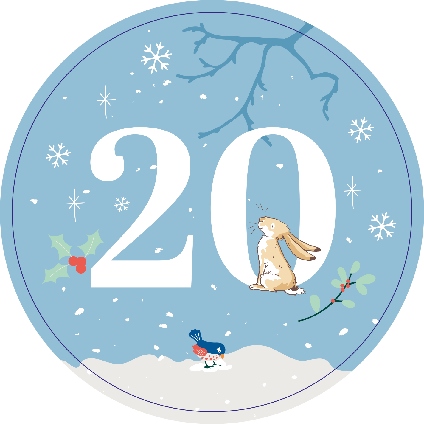 Gezeigt wird eine Innen- oder Zusatzansicht von „Adventskalender in der Dose. Weißt du eigentlich, wie lieb ich dich hab?“. Die Bildkomposition zeigt einen hellblauen Hintergrund mit großen, weißen, geschwungenen Ziffern „20“, die im Zentrum stehen. Ein niedliches Kaninchen sitzt links von der Zahl, umgeben von winterlichen Motiven wie Schneeflocken und einem bunten Vogel. Grüne Pflanzen mit roten Beeren ergänzen die festliche Atmosphäre und schaffen einen einladenden...