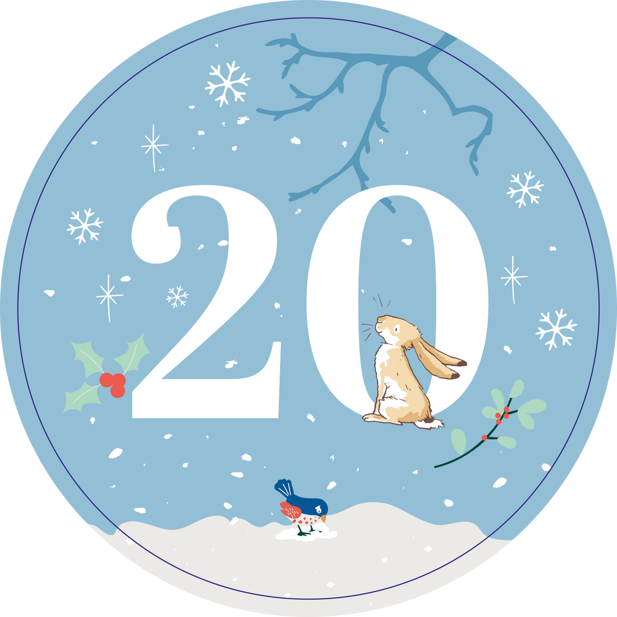 Gezeigt wird eine Innen- oder Zusatzansicht von „Adventskalender in der Dose. Weißt du eigentlich, wie lieb ich dich hab?“. Die Bildkomposition zeigt einen hellblauen Hintergrund mit großen, weißen, geschwungenen Ziffern „20“, die im Zentrum stehen. Ein niedliches Kaninchen sitzt links von der Zahl, umgeben von winterlichen Motiven wie Schneeflocken und einem bunten Vogel. Grüne Pflanzen mit roten Beeren ergänzen die festliche Atmosphäre und schaffen einen einladenden...