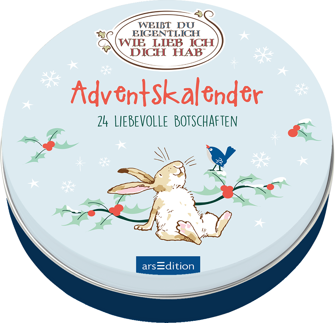 Auf dem Buchcover eines Adventskalenders für Kinder zeigt ein niedlicher, sitzender Hase mit großer Ohren und einem sanften Gesichtsausdruck. Der Hintergrund ist in einem hellen Blau gehalten, ergänzt durch weiße, zarte Schneeflocken und grüne Weihnachtszweige mit roten Beeren. In lebhaftem Orange steht „Adventskalender“ prominent in der Mitte, gefolgt von „24 liebevolle Botschaften“ in kleinerer Schrift darunter. Der Titel „Weißt du eigentlich wie lieb ich dich hab“ ist in...