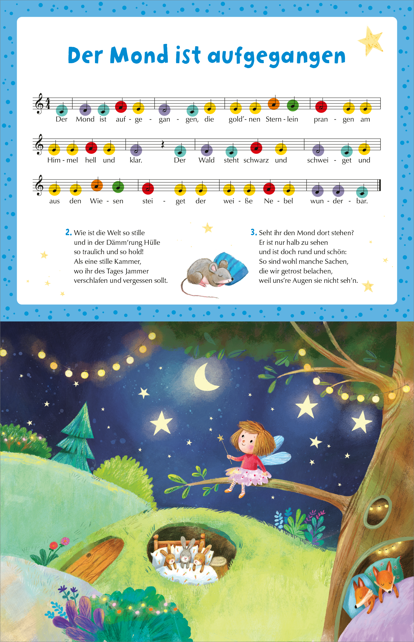 Gezeigt wird eine Innen- oder Zusatzansicht von „Mein liebstes Klavierbuch“. Oben befindet sich ein Textabschnitt mit den Noten zu „Der Mond ist aufgegangen“, umgeben von bunten Notenfarben. Darunter steht eine einladende Illustration: Ein Mädchen mit Flügeln sitzt auf einem Ast, umgeben von leuchtenden Sternen und einer sanften Nachtlandschaft. Der Himmel ist tiefblau mit einem großen, leuchtenden Mond. Die Typografie ist kindgerecht und klar lesbar.