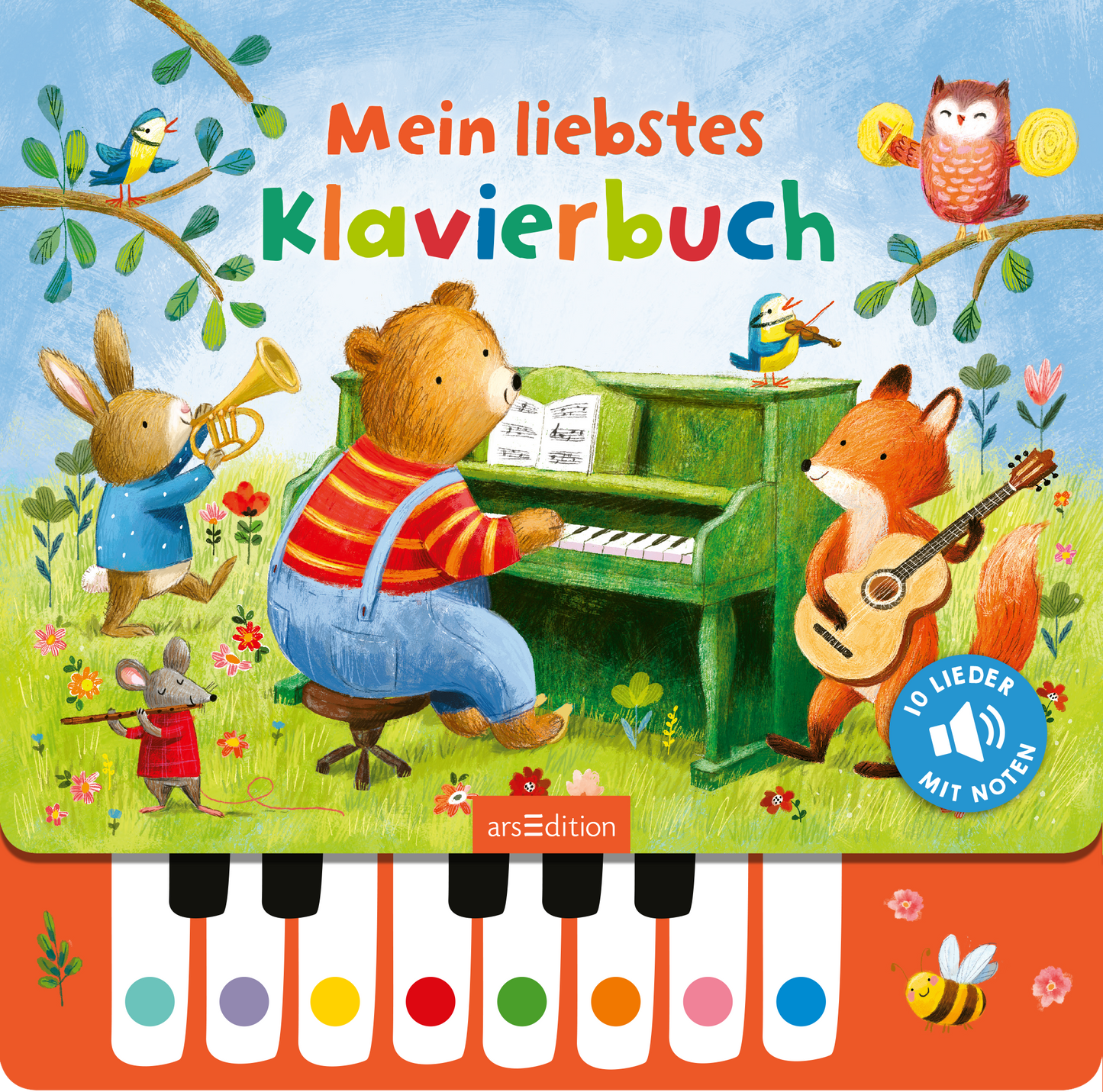 Das Buchcover zeigt eine fröhliche, kreative Szene im Freien mit einem Bären, der am Klavier spielt, während ein Hase mit einer Trompete und ein Fuchs mit einer Gitarre musizieren. Umgeben sind sie von bunten Vögeln und Blumen in kräftigen Farben wie Grün, Blau und Rot. Der Titel „Mein liebstes Klavierbuch“ ist verspielt in bunten Buchstaben gestaltet. Oben rechts befindet sich ein SPIEGEL-Bestseller-Button mit dem Text „10 Lieder mit Noten“. Ganz unten mittig steht der...
