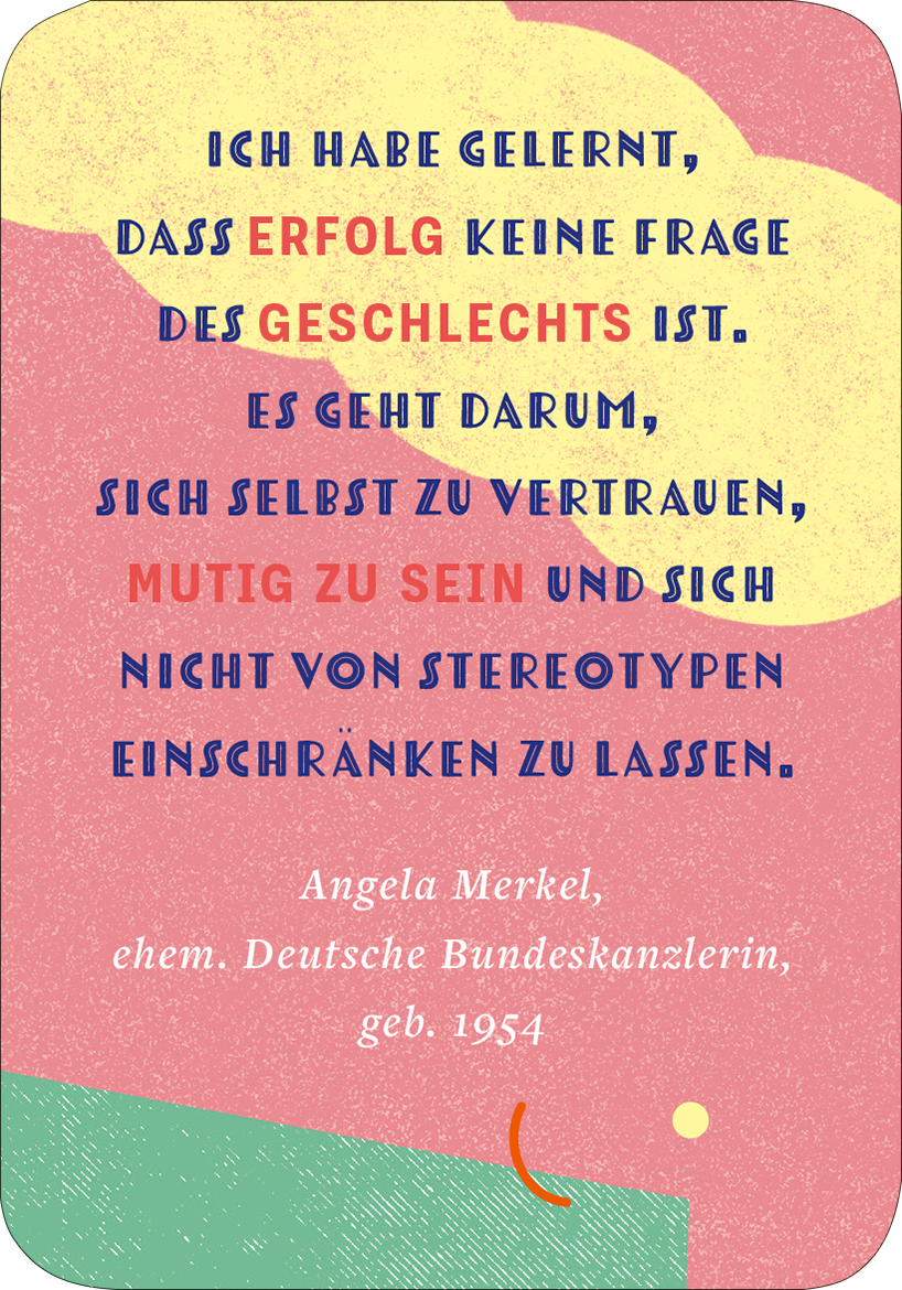Gezeigt wird eine Innen- oder Zusatzansicht von „Mindset für starke Frauen“. Der Hintergrund ist in sanften Pastellfarben, hauptsächlich in rosa und gelb, gestaltet. Der Text ist überwiegend in blauer und roter Schrift gehalten und hebt wichtige Begriffe wie „ERFOLG“ und „MUTIG“ hervor, die fett und groß geschrieben sind. Die Typografie ist modern und einladend, während eine kurvenartige Grafik das Design ergänzt. Am unteren Rand steht der Name „Angela Merkel“ in...