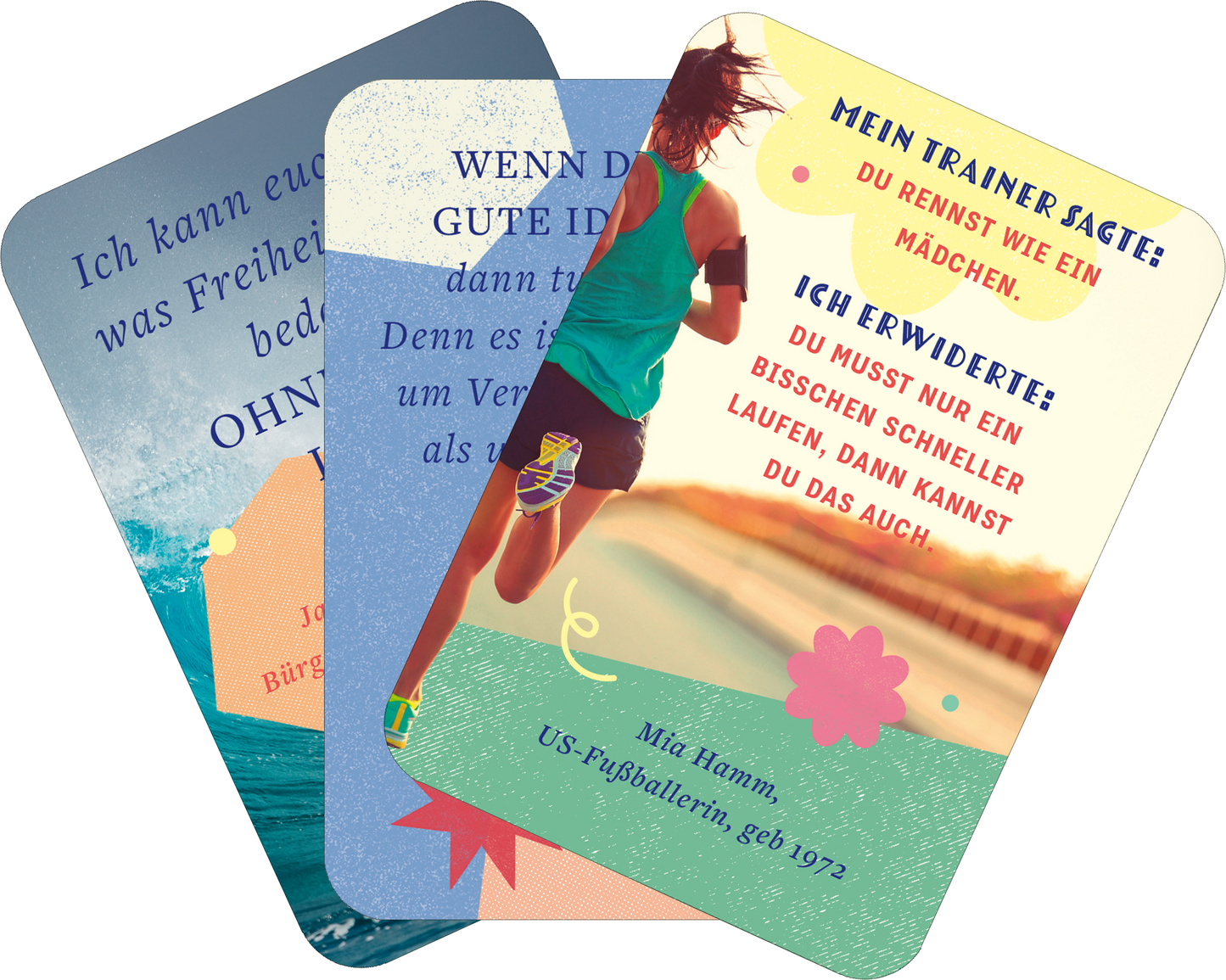 Gezeigt wird eine Innen- oder Zusatzansicht von „Mindset für starke Frauen“. Die Ansicht zeigt drei Karten in unterschiedlichen Farben und Designs. Die linke Karte hat einen sanften blauen Hintergrund mit weißer Schrift, die mittlere Karte ist in einem hellblauen Farbton gehalten und präsentiert eine ansprechende Illustration. Die rechte Karte zeigt eine dynamische Figur beim Laufen auf einem warmen Hintergrund mit kräftigen Farben und auffälliger Schrift. Die verwendete Typografie ist...