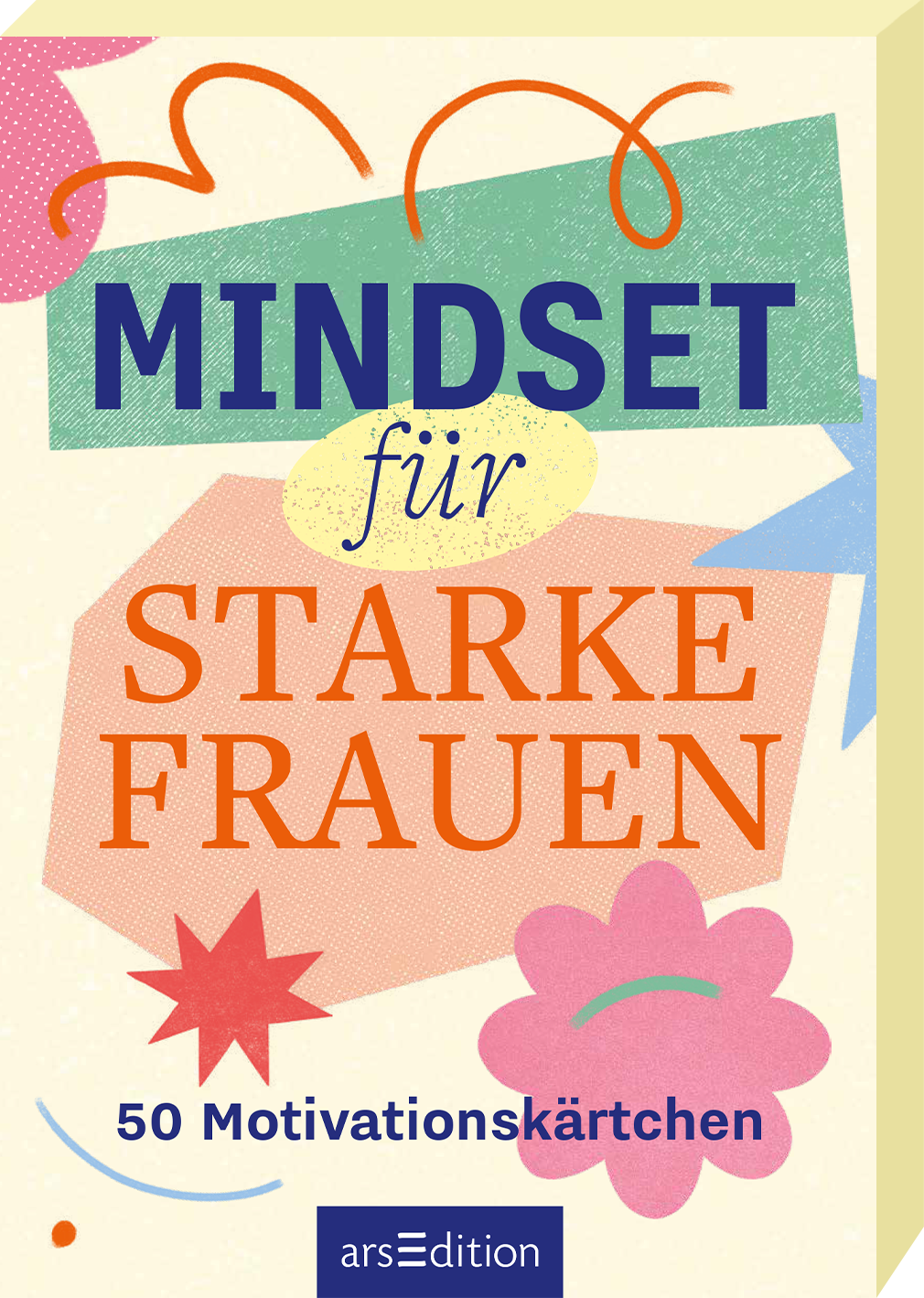 Auf dem Cover steht der Titel „MINDSET für STARKE FRAUEN“ in großem, kräftigem Blau und leuchtendem Orange. Umgeben ist der Text von bunten, geometrischen Formen in Rosa, Gelb und Grün, die eine lebhafte und motivierende Atmosphäre schaffen. Der Untertitel „50 Motivationskärtchen“ ist kleiner, aber gut leserlich platziert. Ein SPIEGEL-Bestseller-Button ist oben links auf dem Cover abgebildet. Ganz unten mittig steht der Logoschriftzug von arsEdition.