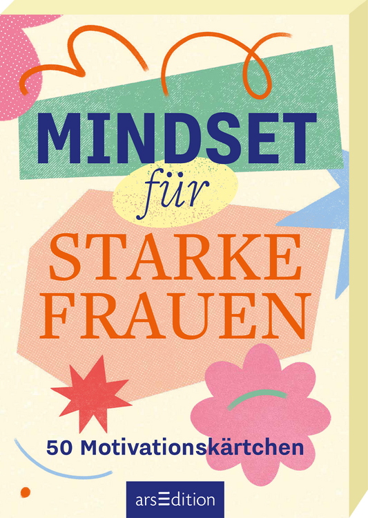 Auf dem Cover steht der Titel „MINDSET für STARKE FRAUEN“ in großem, kräftigem Blau und leuchtendem Orange. Umgeben ist der Text von bunten, geometrischen Formen in Rosa, Gelb und Grün, die eine lebhafte und motivierende Atmosphäre schaffen. Der Untertitel „50 Motivationskärtchen“ ist kleiner, aber gut leserlich platziert. Ein SPIEGEL-Bestseller-Button ist oben links auf dem Cover abgebildet. Ganz unten mittig steht der Logoschriftzug von arsEdition.
