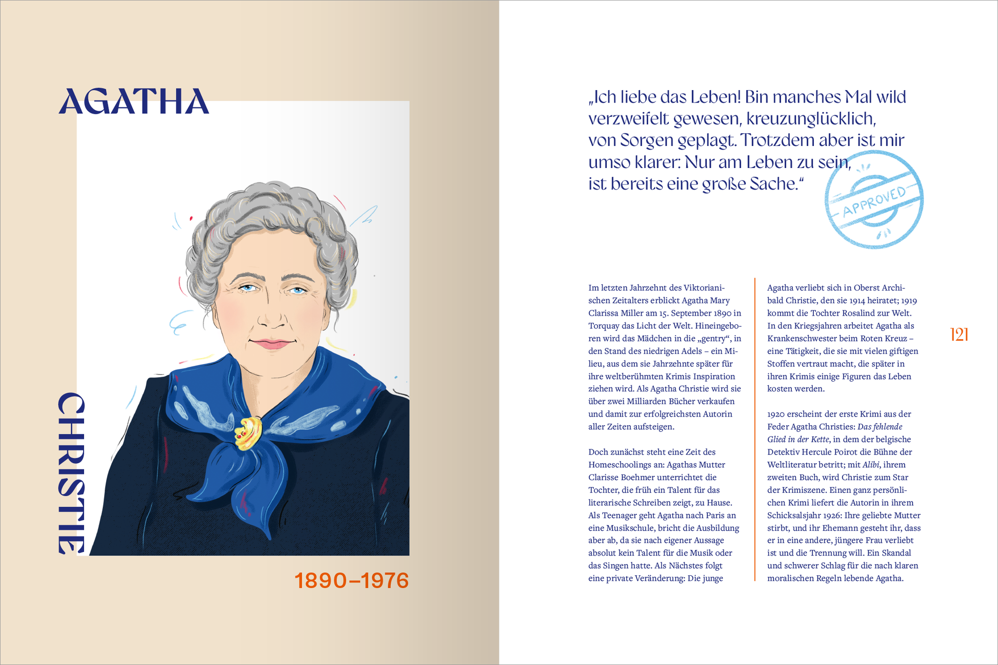 Gezeigt wird eine Innen- oder Zusatzansicht von „Frauen auf Reisen. Von der Freiheit unterwegs zu sein“. Die Darstellung zeigt ein illustriertes Porträt von Agatha Christie mit einem blauen Schal auf einem hellen, beige gefärbten Hintergrund. Links sind ihr Name „AGATHA CHRISTIE“ und die Lebensdaten „1890–1976“ in großer, klarer Typografie zu sehen. Auf der rechten Seite befindet sich ein Zitat in einem klassischen Schriftstil, umgeben von einem blauen Stempel. Die Farbpalette...