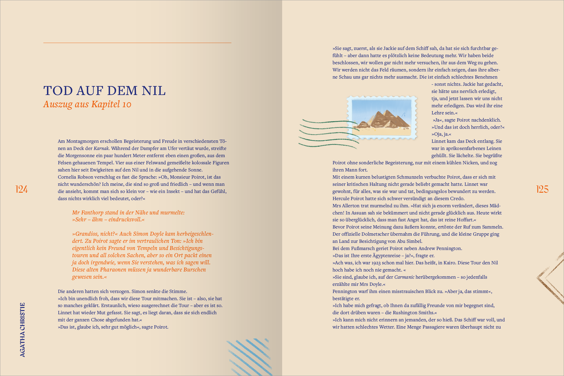 Gezeigt wird eine Innen- oder Zusatzansicht von „Frauen auf Reisen. Von der Freiheit unterwegs zu sein“. Die Doppelseite enthält eine sanfte, beige Hintergrundfarbe mit hervorgehobenen Titelzeilen in kräftigem Orange und blau. Der Text ist in einer gut lesbaren Serifenschrift gesetzt, wobei wichtige Passagen in verschiedenen Farben unterlegt sind. Eine Illustration in Form eines Poststempels mit Bergmotiven oberhalb des Textes ergänzt das visuelle Konzept und verleiht der Seite einen...